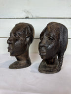 Mid Century Besmo African Tribal Bust Sculpture Carved in Ebony Wood Large Man & Woman - Sold as a set of two