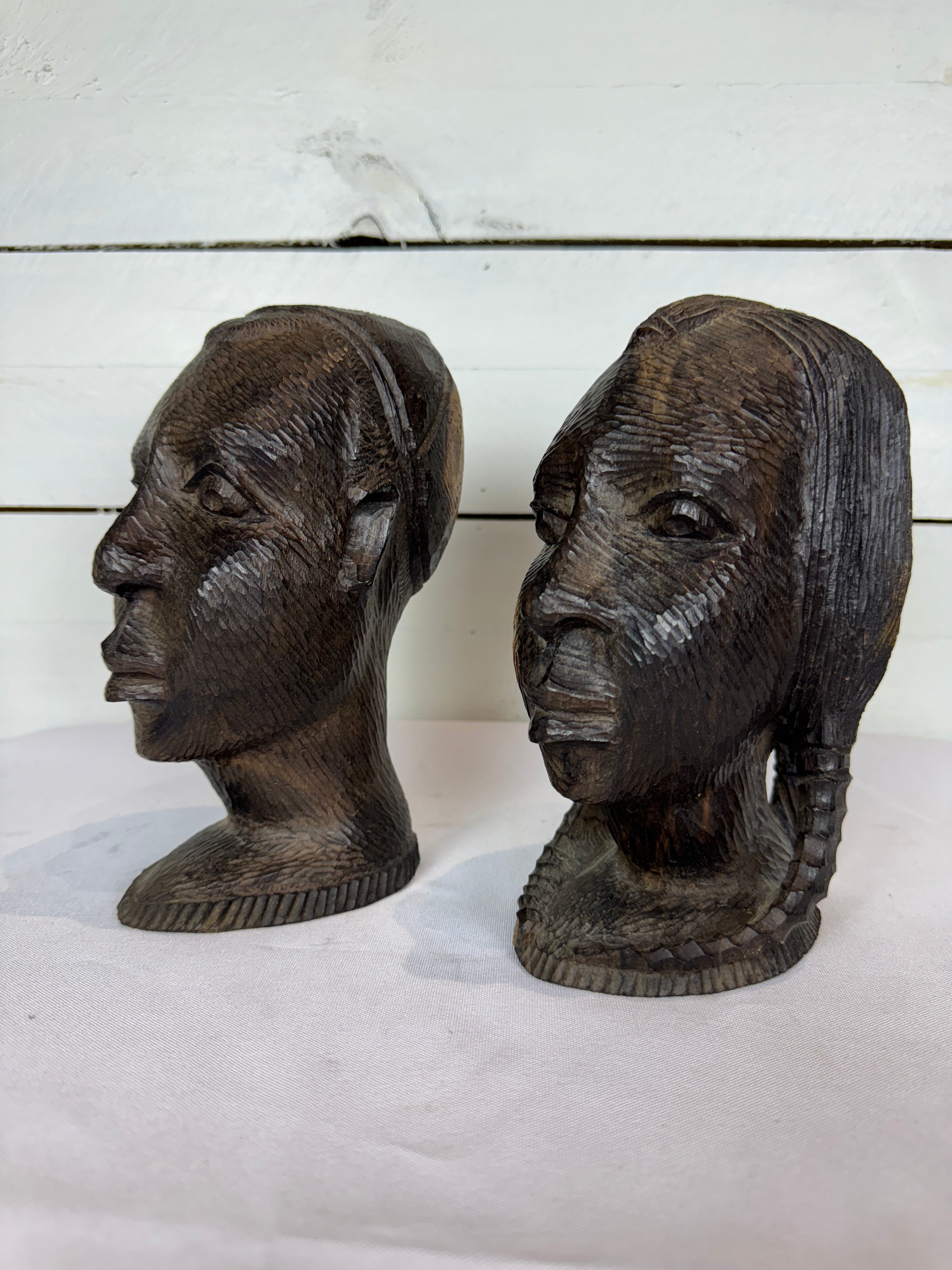 Mid Century Besmo African Tribal Bust Sculpture Carved in Ebony Wood Large Man & Woman - Sold as a set of two