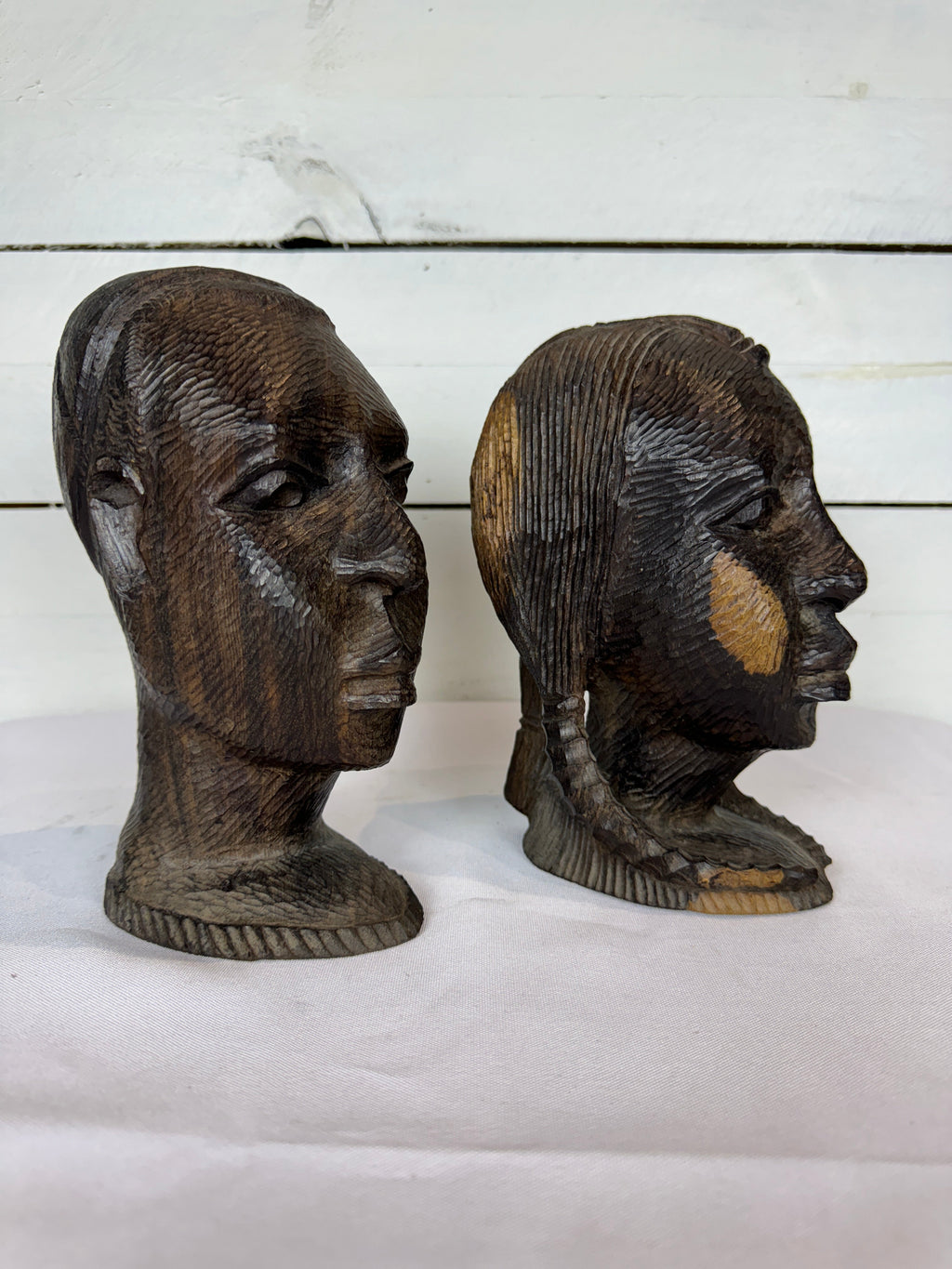Mid Century Besmo African Tribal Bust Sculpture Carved in Ebony Wood Large Man & Woman - Sold as a set of two