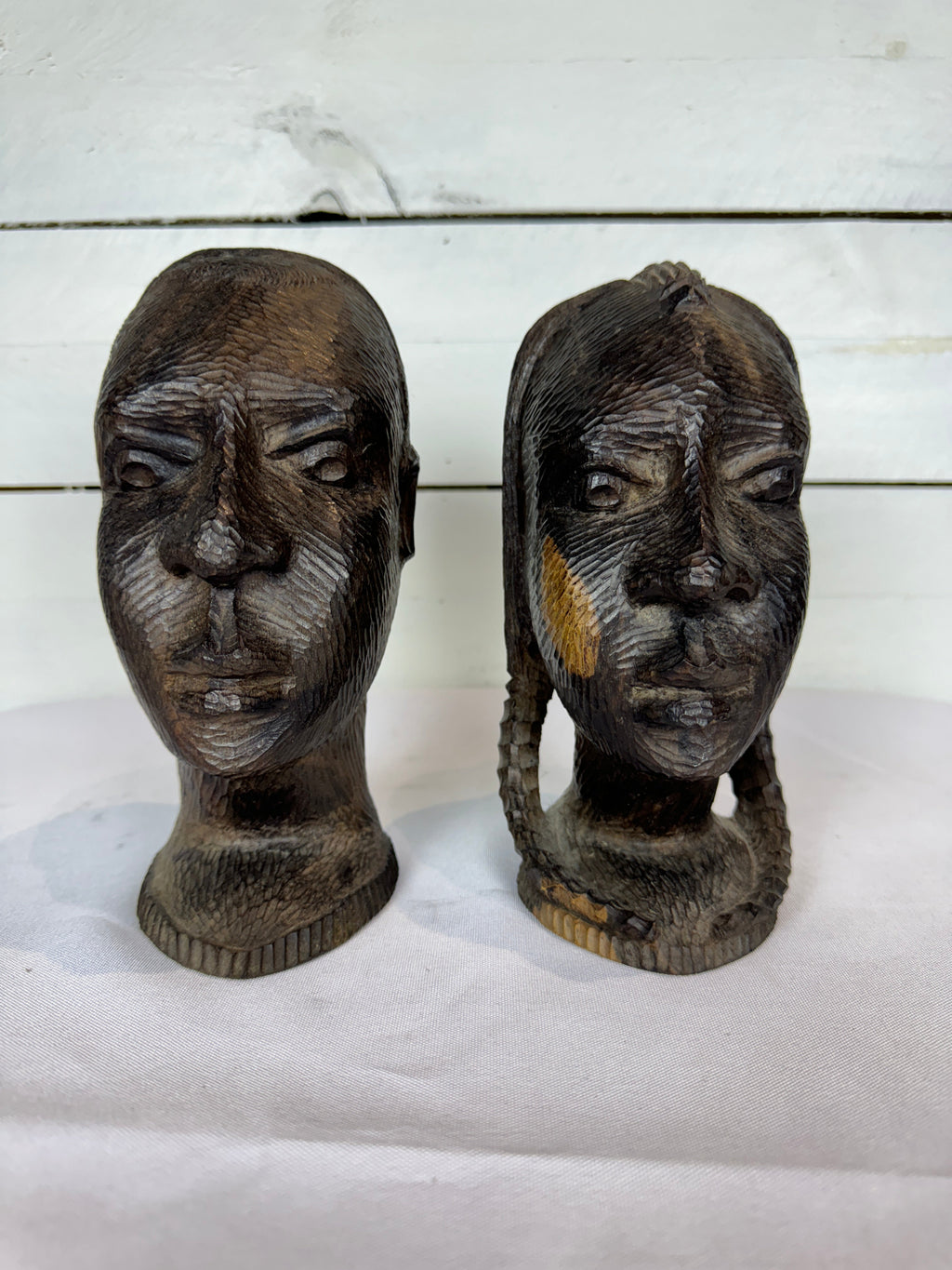 Mid Century Besmo African Tribal Bust Sculpture Carved in Ebony Wood Large Man & Woman - Sold as a set of two