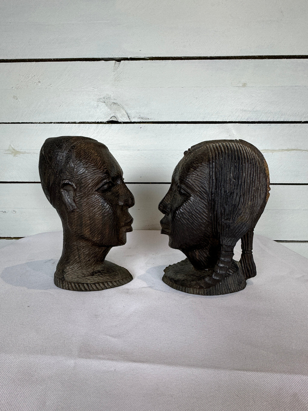 Mid Century Besmo African Tribal Bust Sculpture Carved in Ebony Wood Large Man & Woman - Sold as a set of two