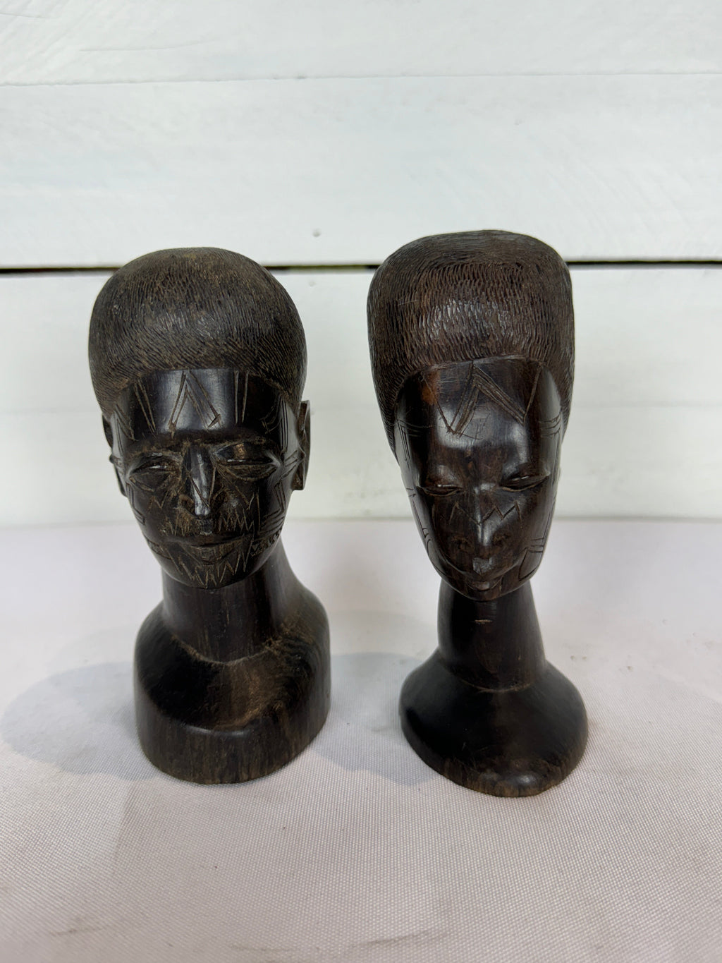 Mid Century Besmo African Tribal Bust Sculpture Carved in Ebony Wood Small Man & Woman - Sold as a Set of Two