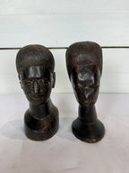 Mid Century Besmo African Tribal Bust Sculpture Carved in Ebony Wood Small Man & Woman - Sold as a Set of Two