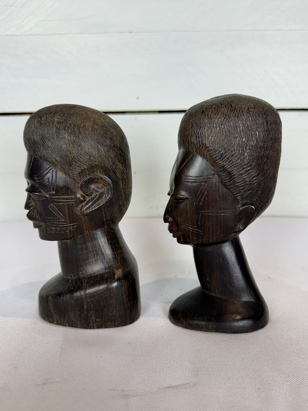 Mid Century Besmo African Tribal Bust Sculpture Carved in Ebony Wood Small Man & Woman - Sold as a Set of Two