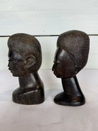 Mid Century Besmo African Tribal Bust Sculpture Carved in Ebony Wood Small Man & Woman - Sold as a Set of Two