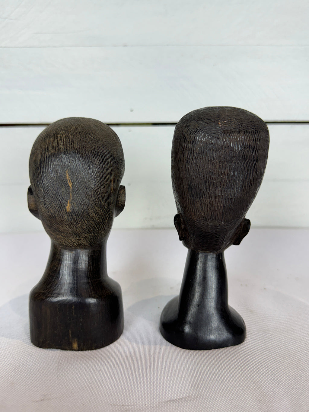 Mid Century Besmo African Tribal Bust Sculpture Carved in Ebony Wood Small Man & Woman - Sold as a Set of Two