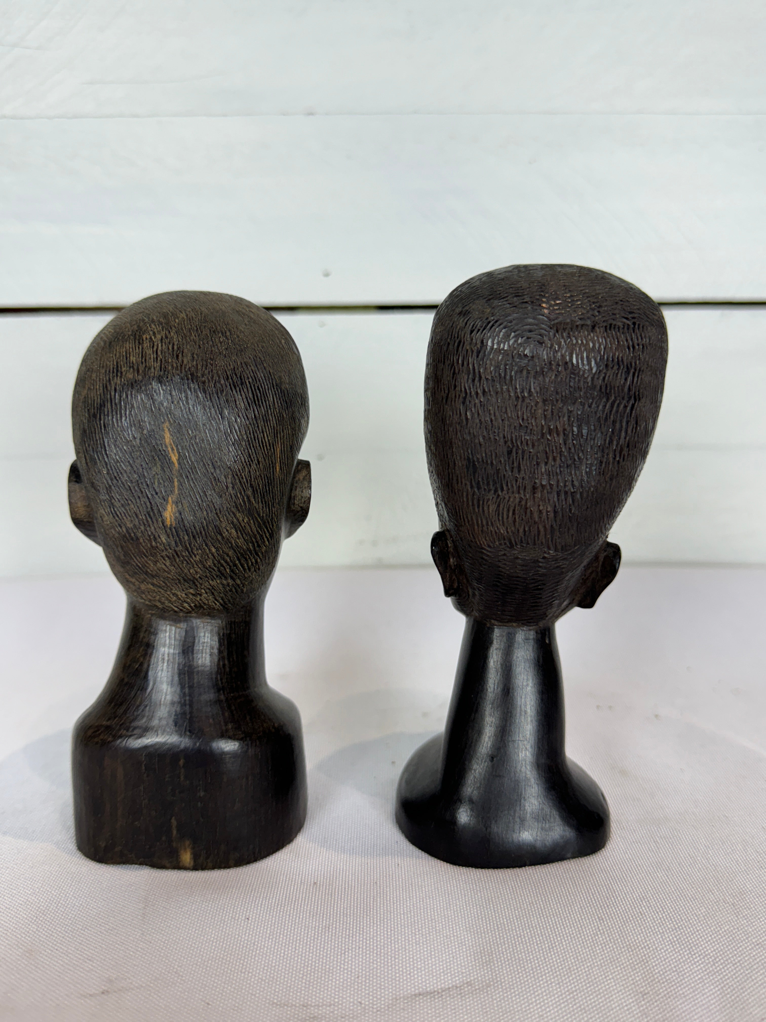 Mid Century Besmo African Tribal Bust Sculpture Carved in Ebony Wood Small Man & Woman - Sold as a Set of Two