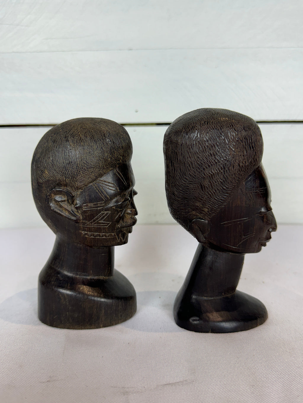 Mid Century Besmo African Tribal Bust Sculpture Carved in Ebony Wood Small Man & Woman - Sold as a Set of Two