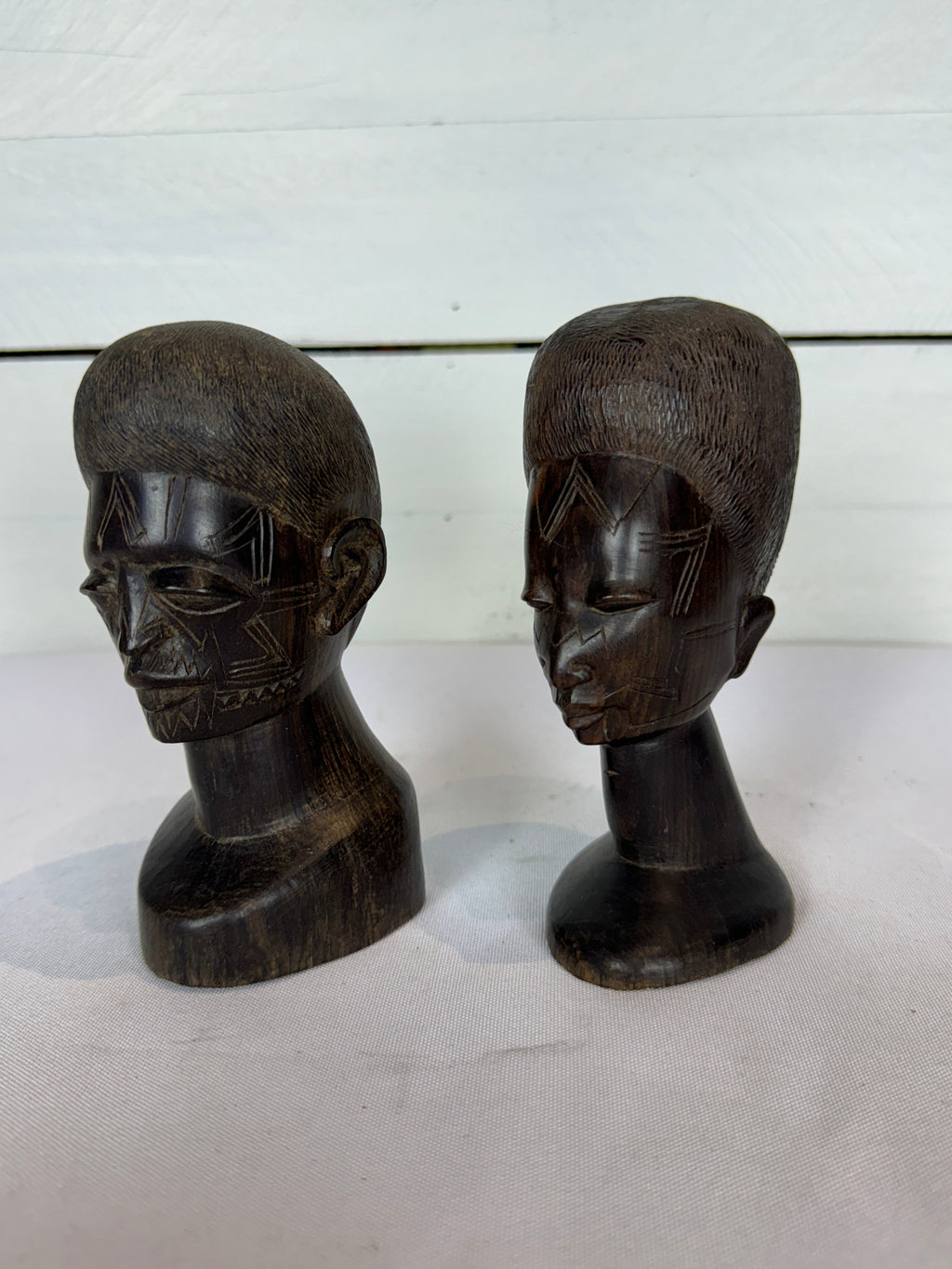 Mid Century Besmo African Tribal Bust Sculpture Carved in Ebony Wood Small Man & Woman - Sold as a Set of Two