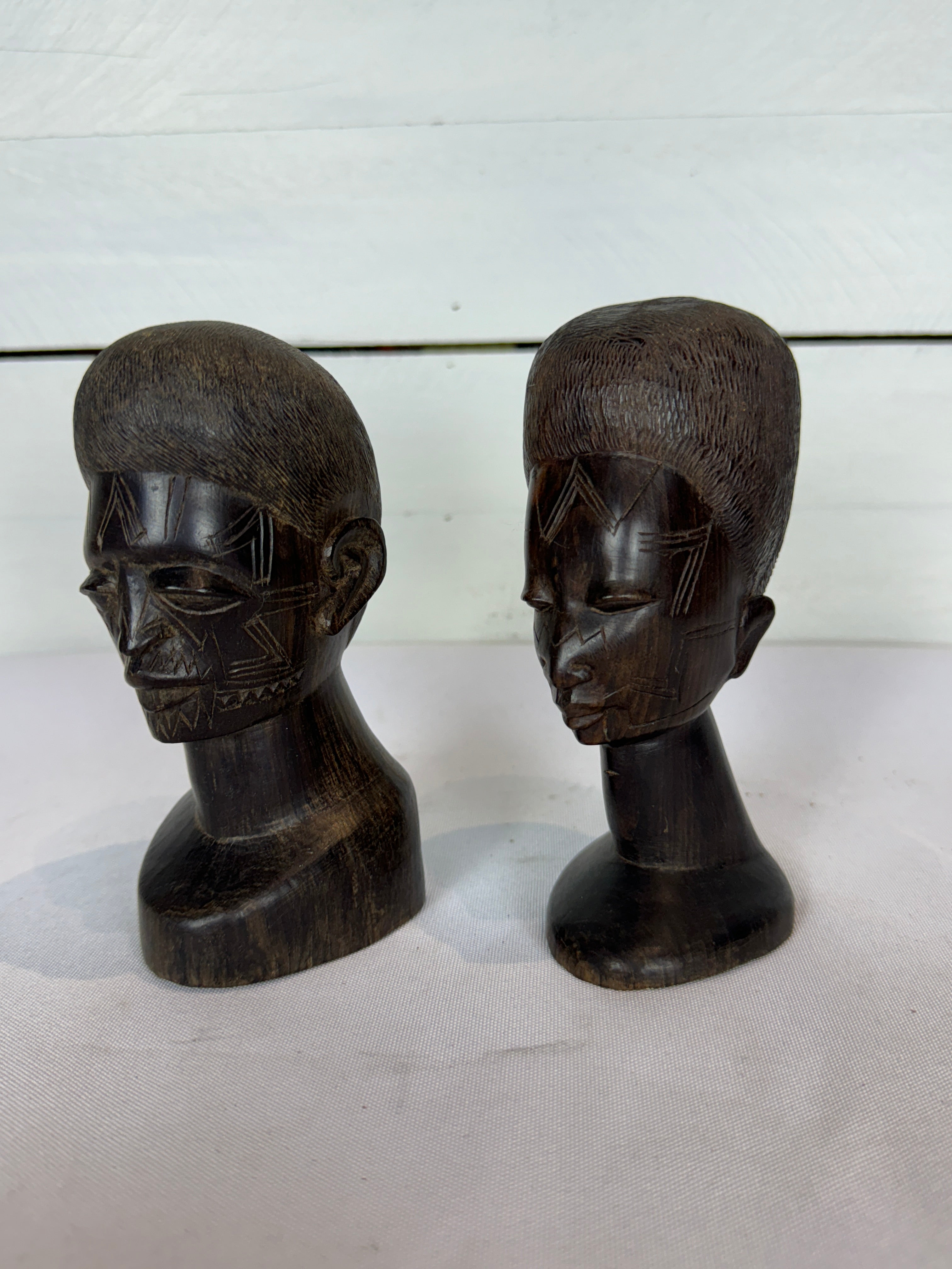 Mid Century Besmo African Tribal Bust Sculpture Carved in Ebony Wood Small Man & Woman - Sold as a Set of Two