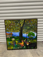 Asian Pastoral Farm Scene, Original Framed Oil on Canvas, by Youngsook Park Circa 2000