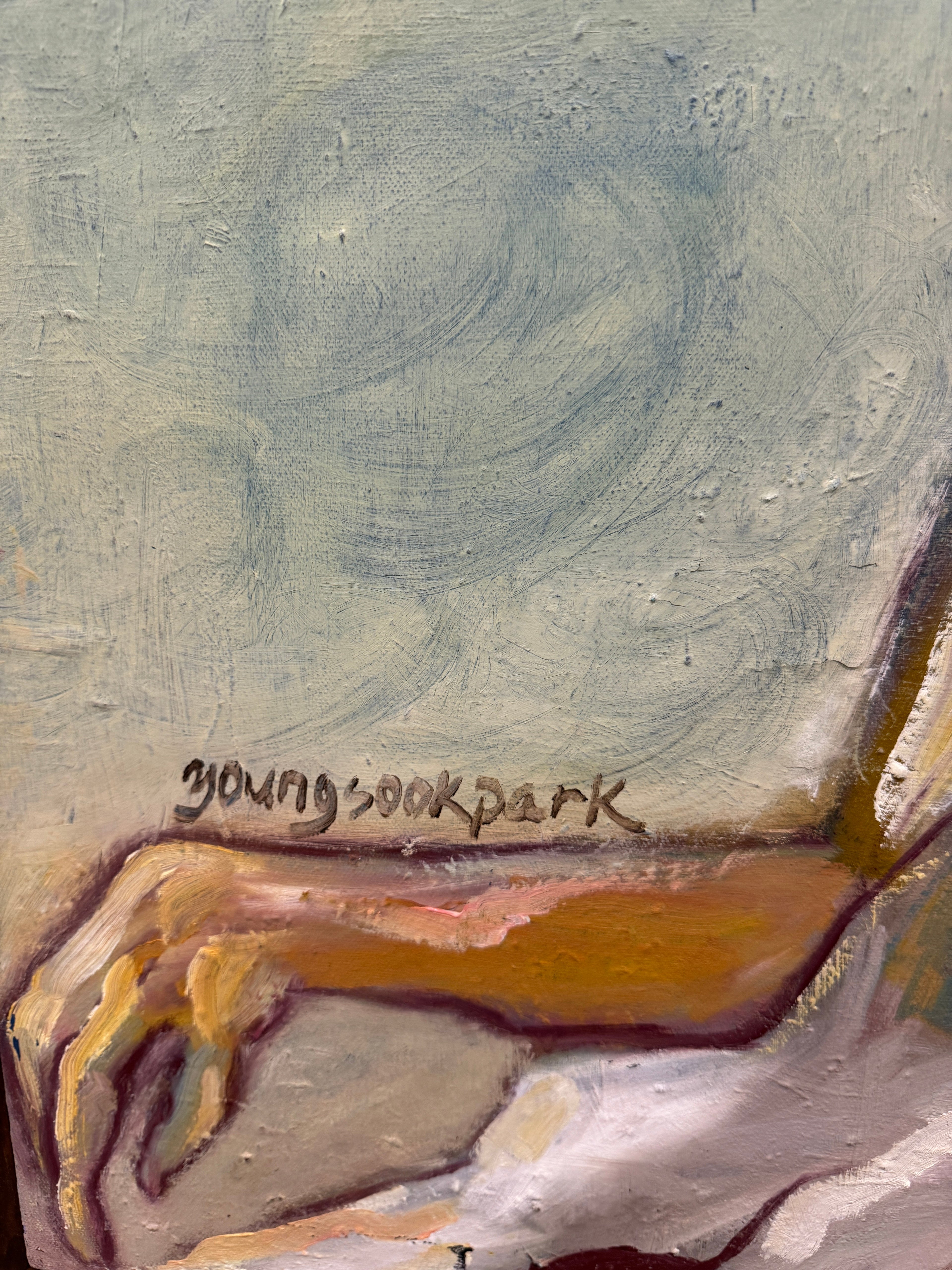 Elderly Asian Man Deep in Thought, Original Framed Oil on Canvas, by Youngsook Park, Circa 2000s