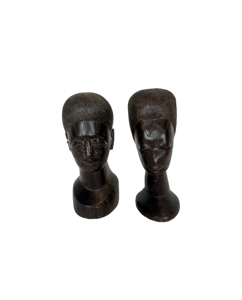 Mid Century Besmo African Tribal Bust Sculpture Carved in Ebony Wood Small Man & Woman - Sold as a Set of Two