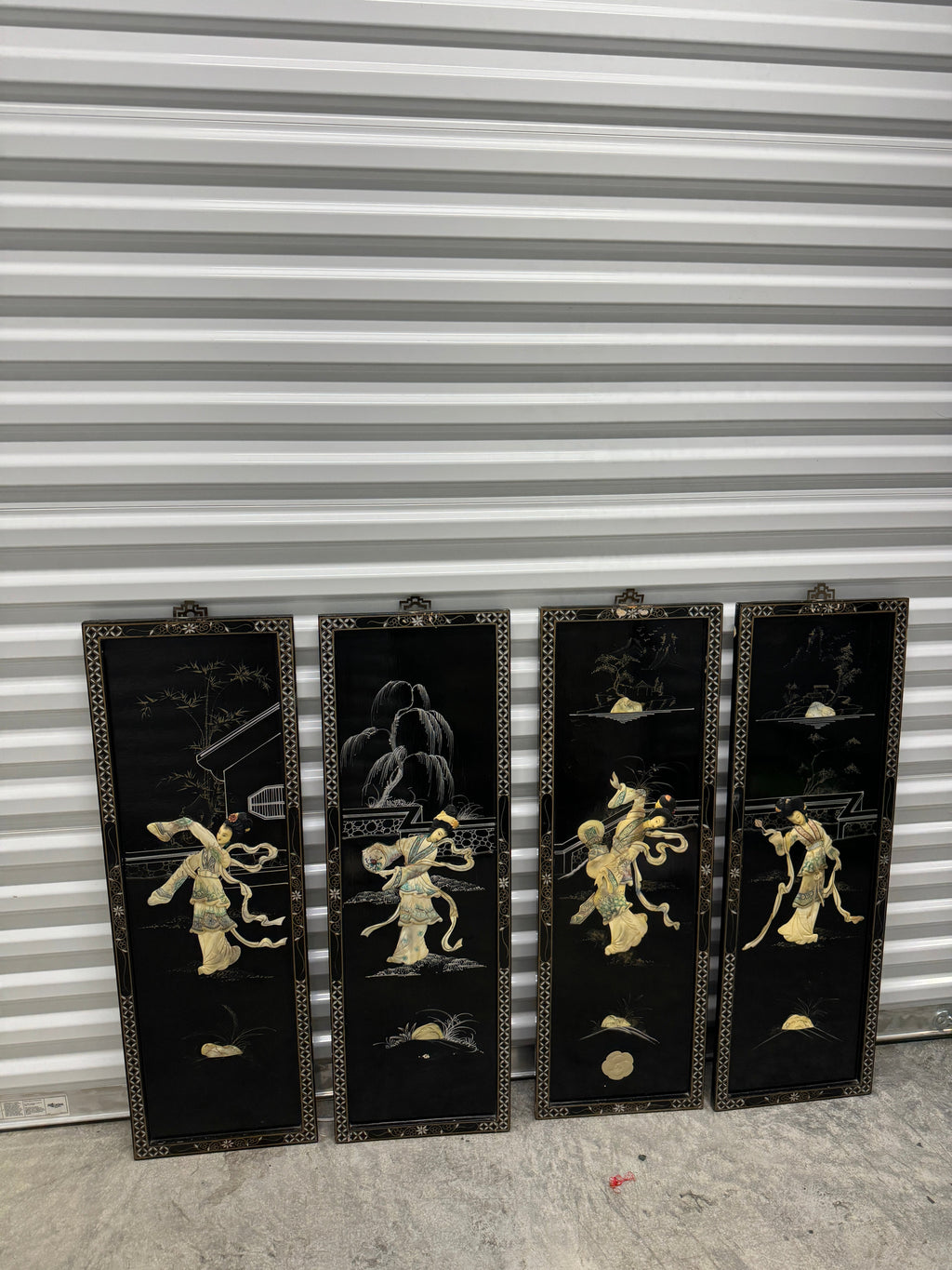 Vintage Chinoiserie Geisha Asian Wall Panel Accents with Mother of Pearl Inlays - set of 4