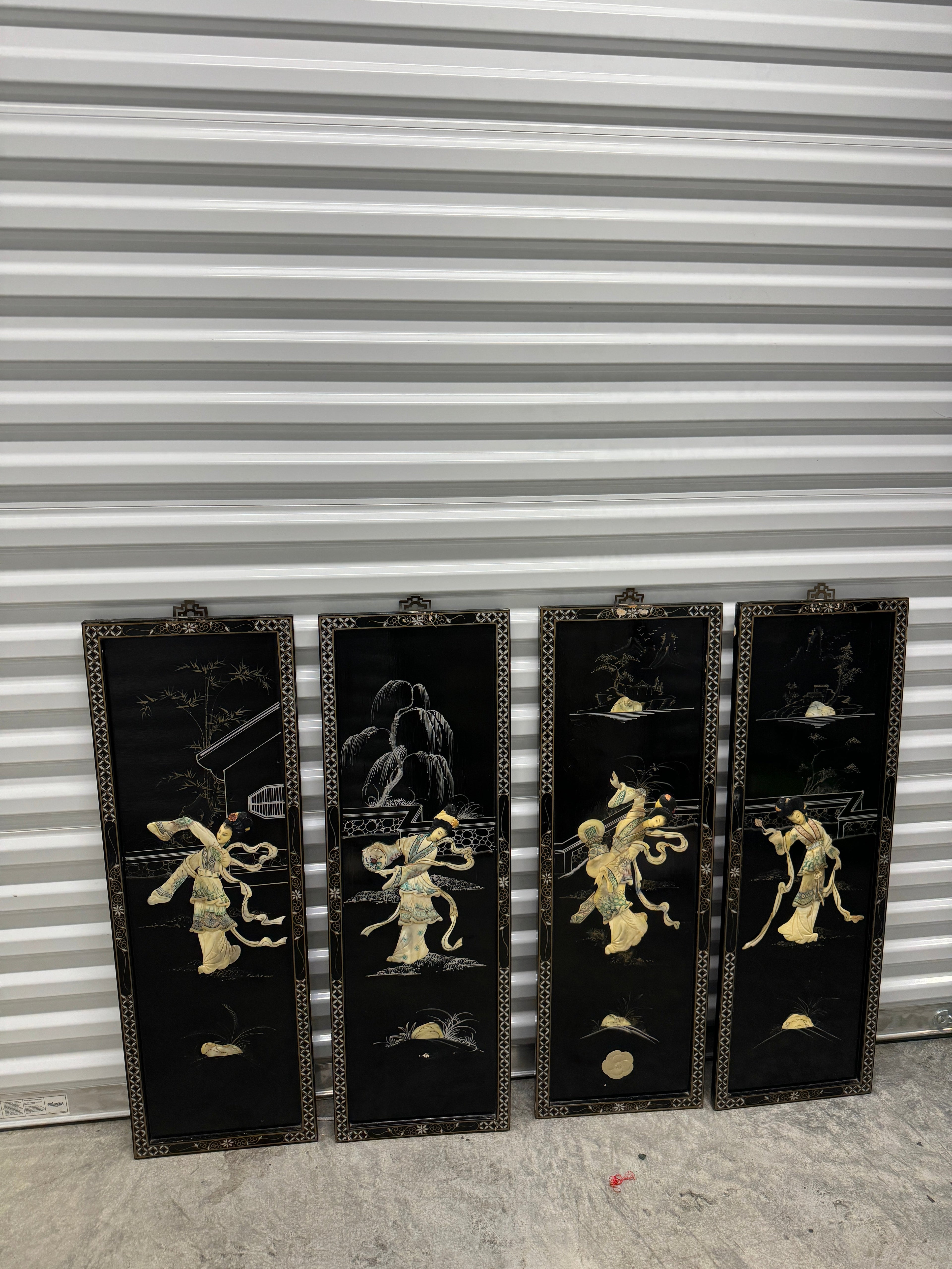 Vintage Chinoiserie Geisha Asian Wall Panel Accents with Mother of Pearl Inlays - set of 4