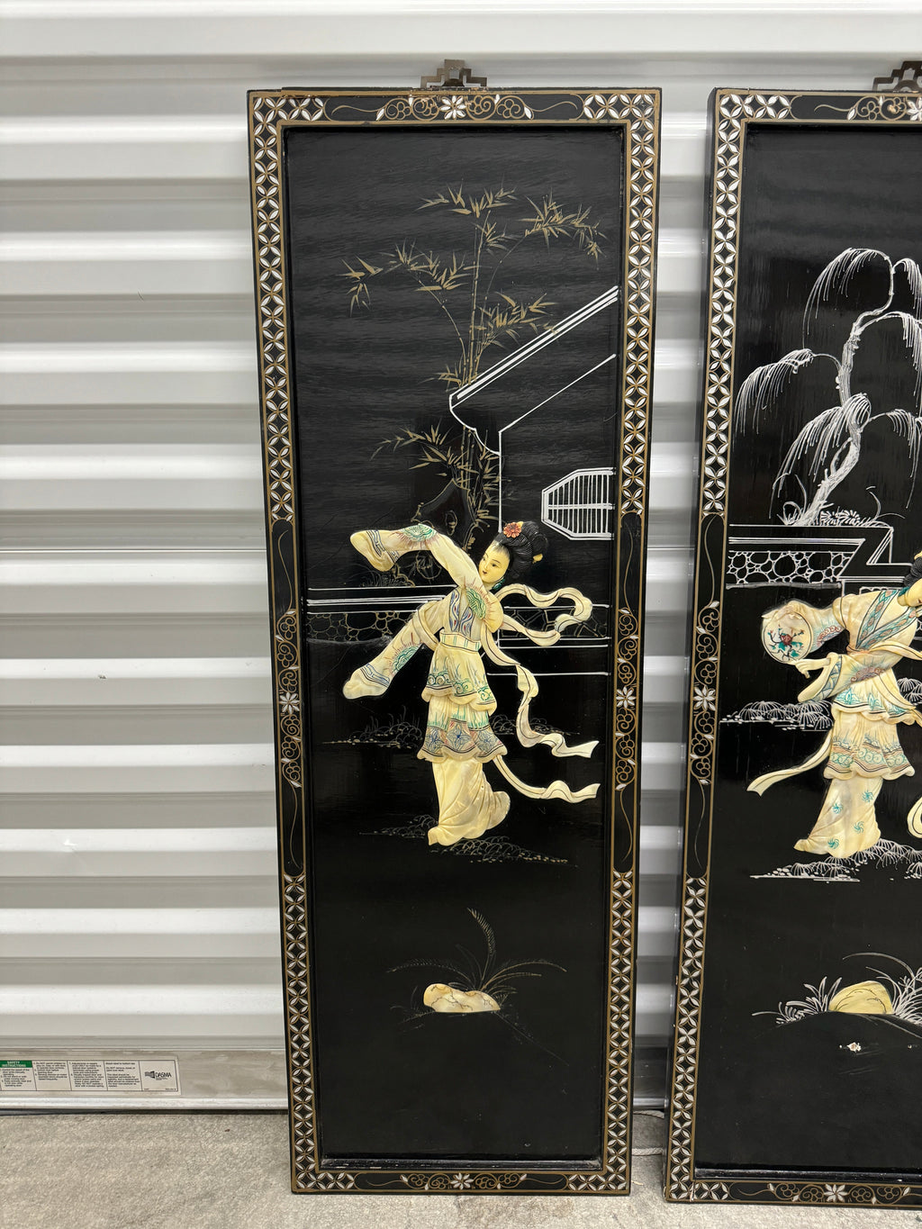 Vintage Chinoiserie Geisha Asian Wall Panel Accents with Mother of Pearl Inlays - set of 4