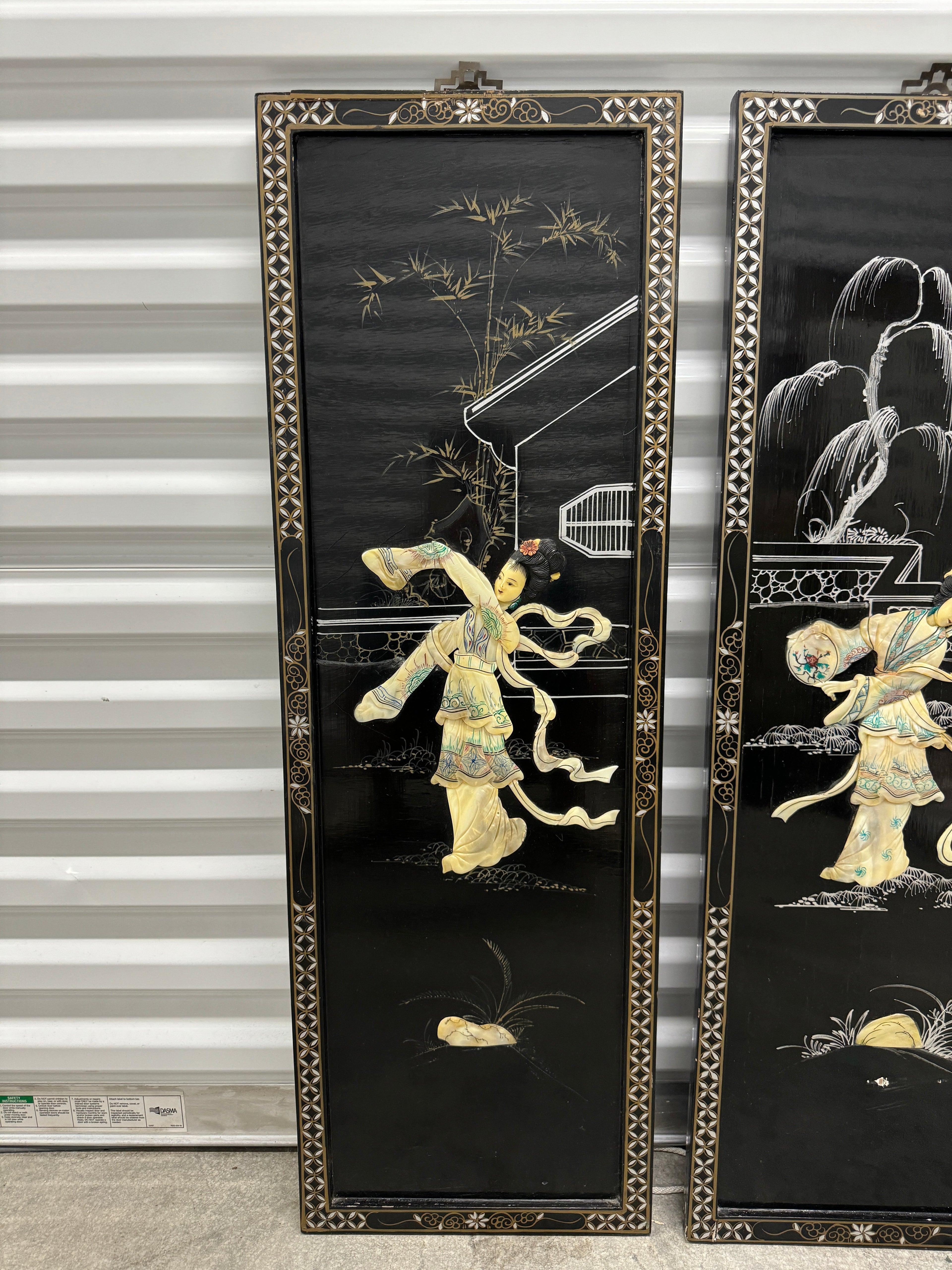 Vintage Chinoiserie Geisha Asian Wall Panel Accents with Mother of Pearl Inlays - set of 4