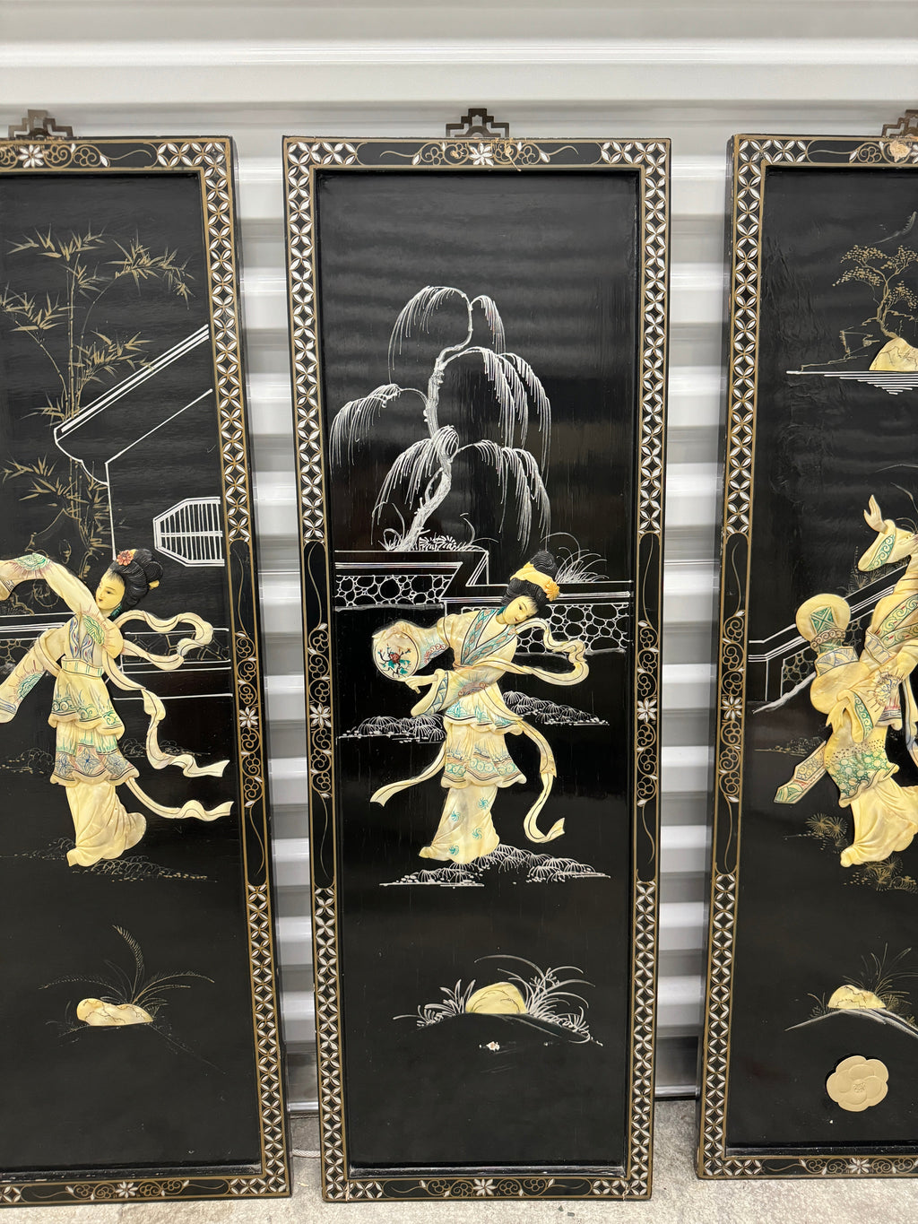 Vintage Chinoiserie Geisha Asian Wall Panel Accents with Mother of Pearl Inlays - set of 4