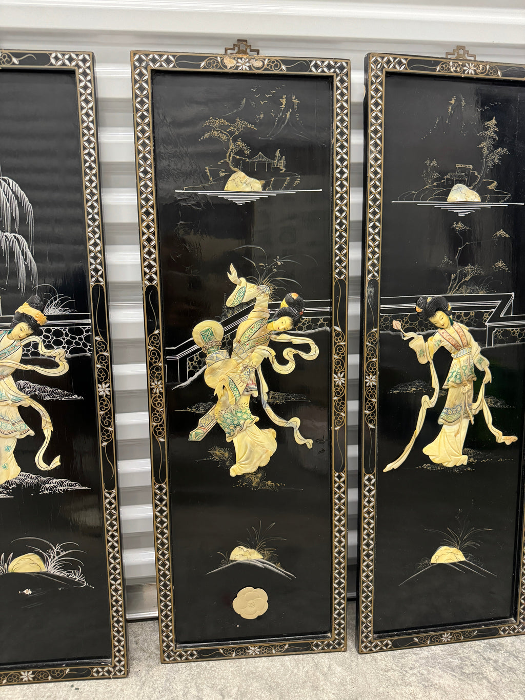 Vintage Chinoiserie Geisha Asian Wall Panel Accents with Mother of Pearl Inlays - set of 4