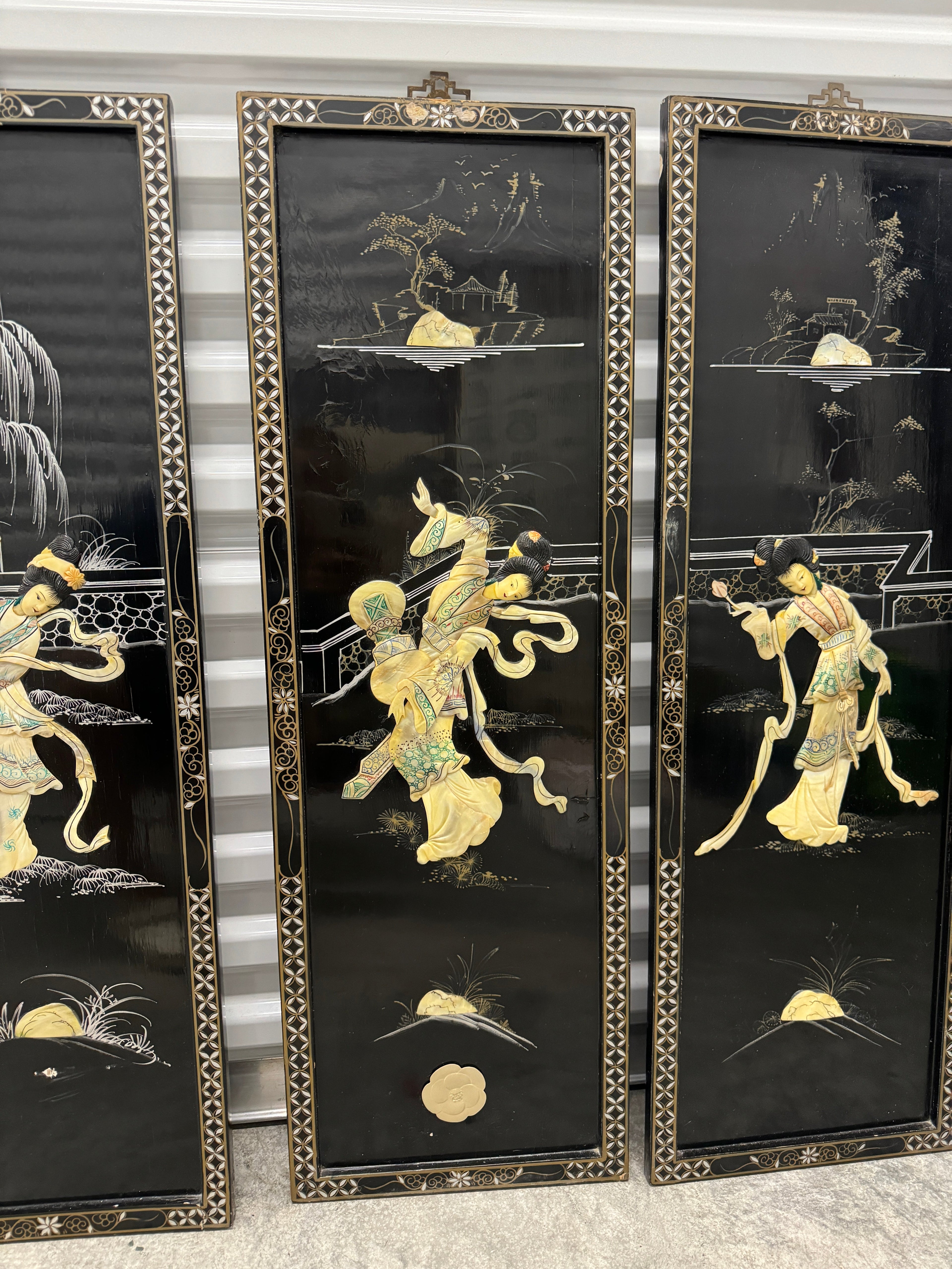 Vintage Chinoiserie Geisha Asian Wall Panel Accents with Mother of Pearl Inlays - set of 4
