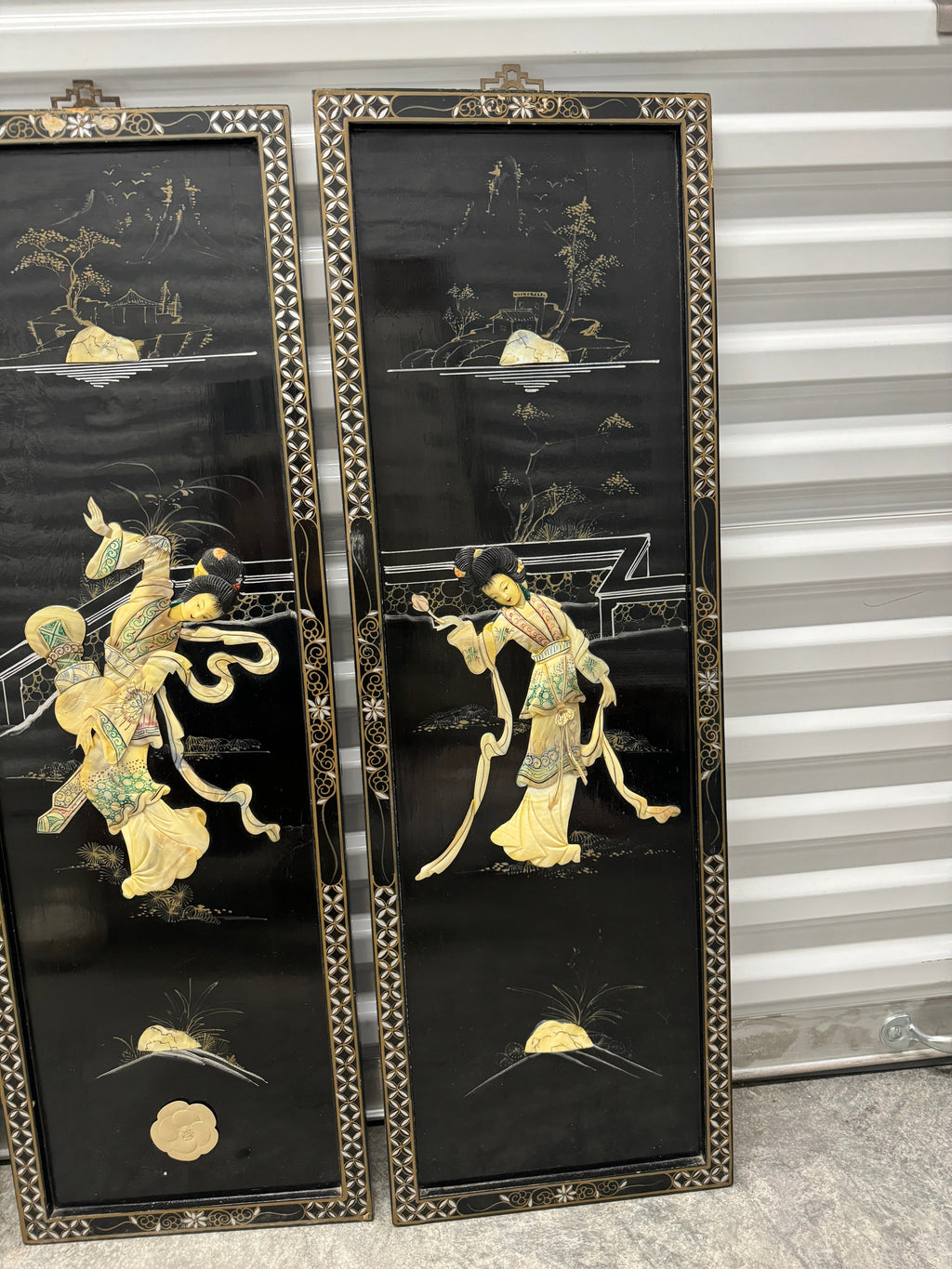 Vintage Chinoiserie Geisha Asian Wall Panel Accents with Mother of Pearl Inlays - set of 4