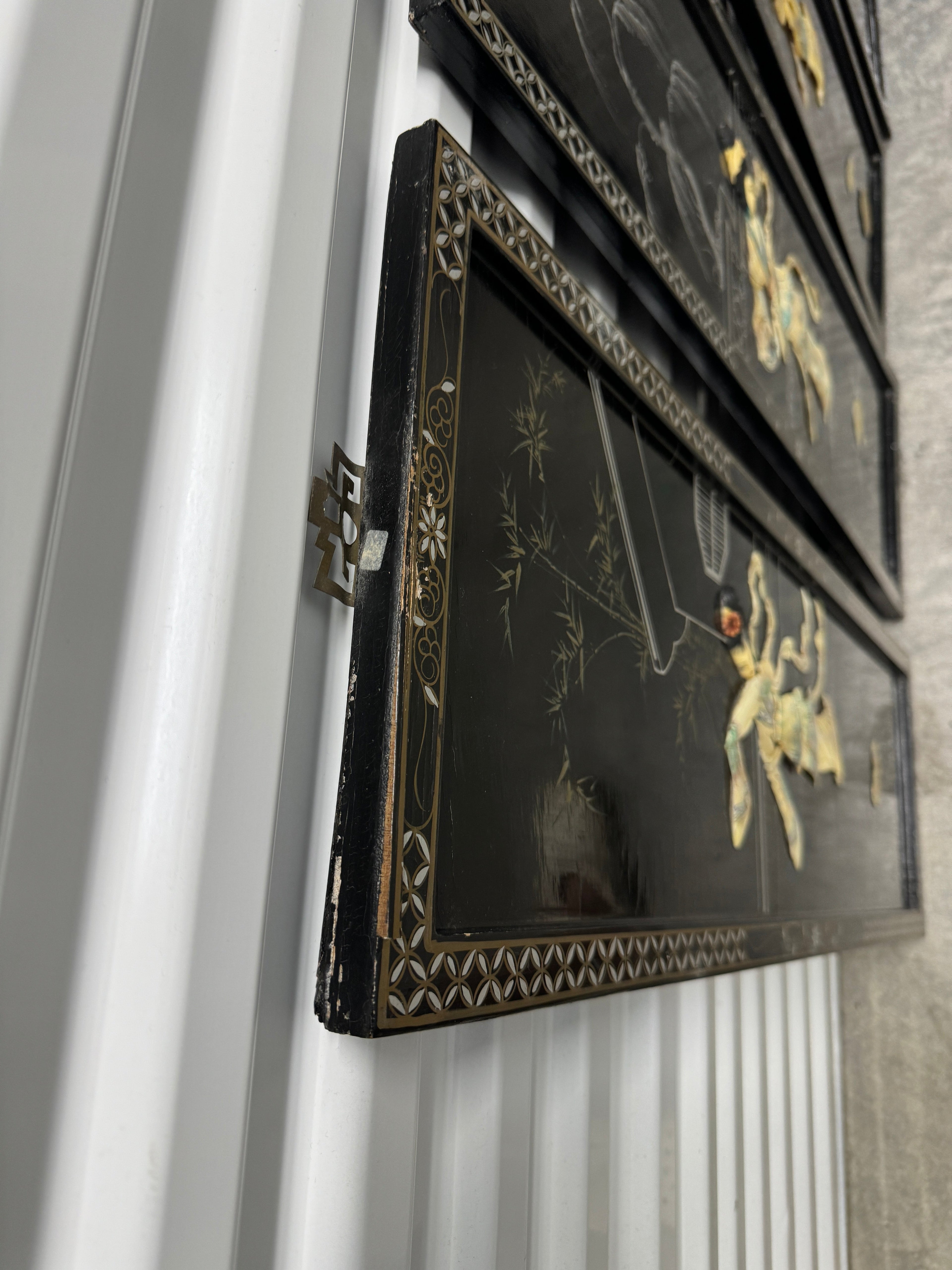 Vintage Chinoiserie Geisha Asian Wall Panel Accents with Mother of Pearl Inlays - set of 4