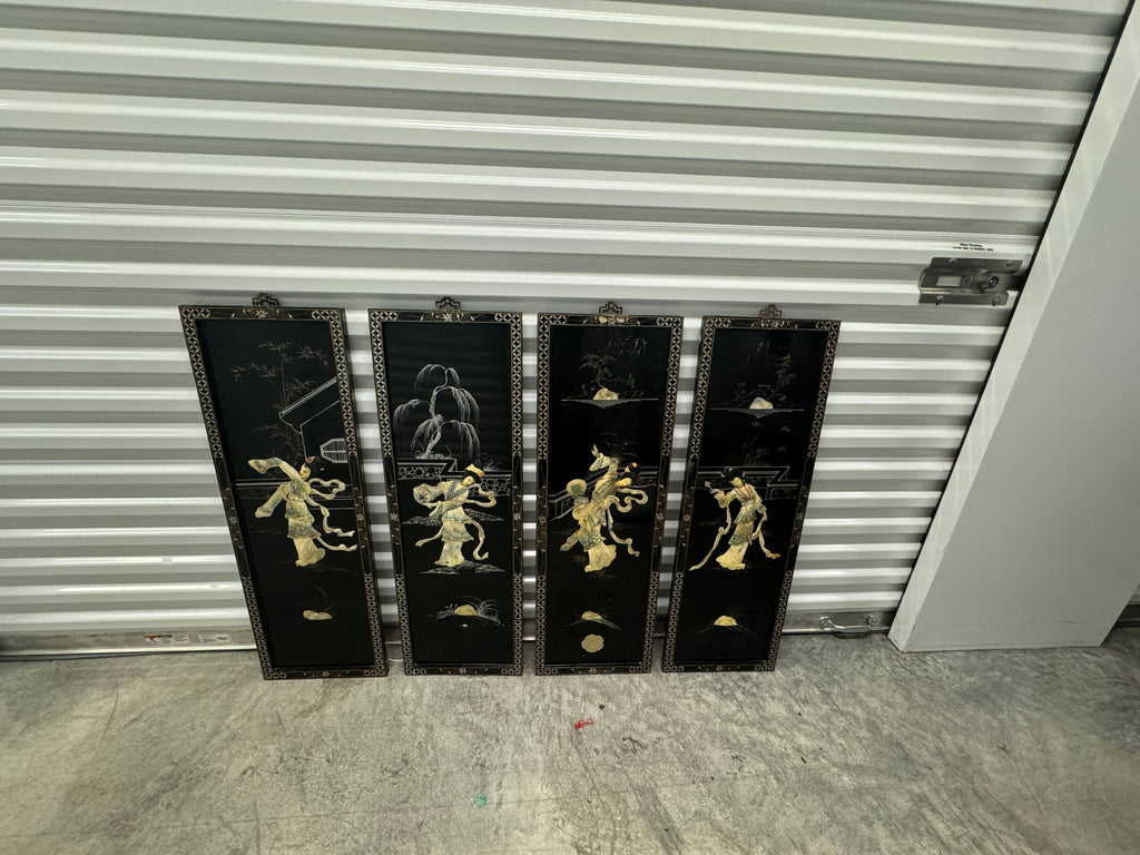 Vintage Chinoiserie Geisha Asian Wall Panel Accents with Mother of Pearl Inlays - set of 4