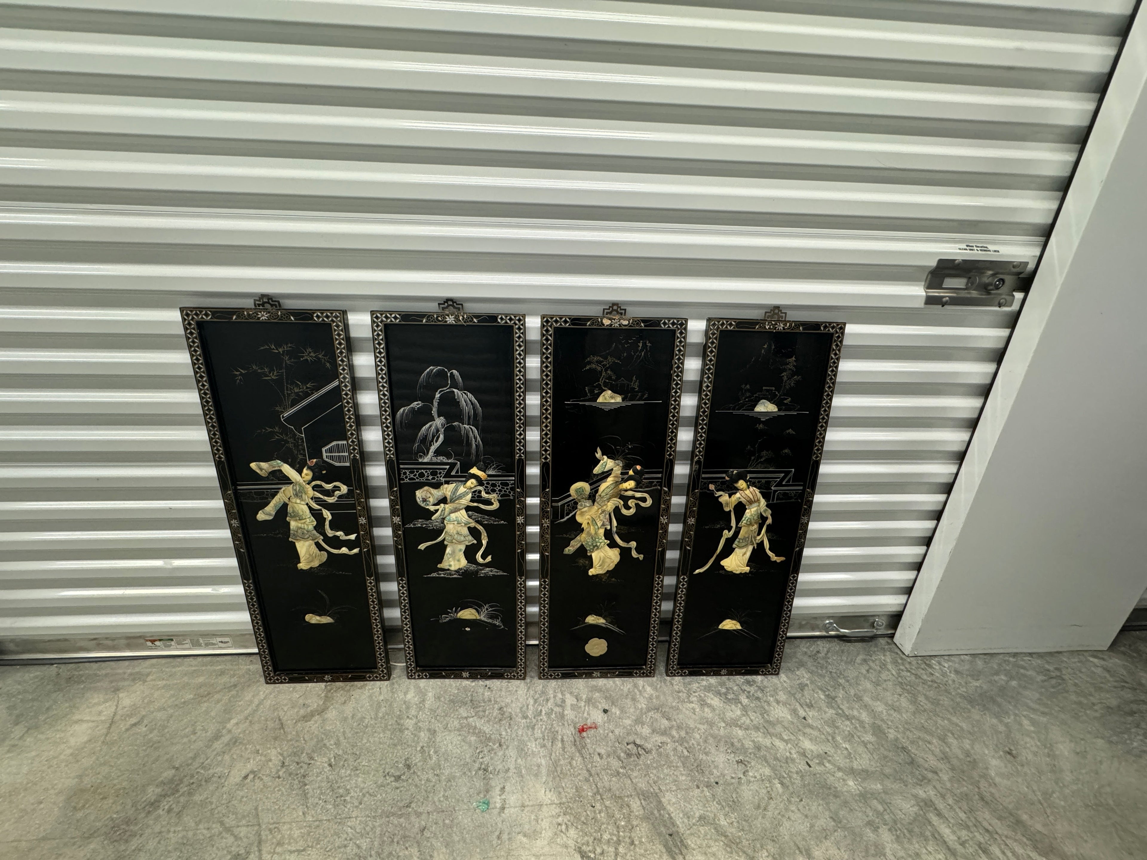 Vintage Chinoiserie Geisha Asian Wall Panel Accents with Mother of Pearl Inlays - set of 4