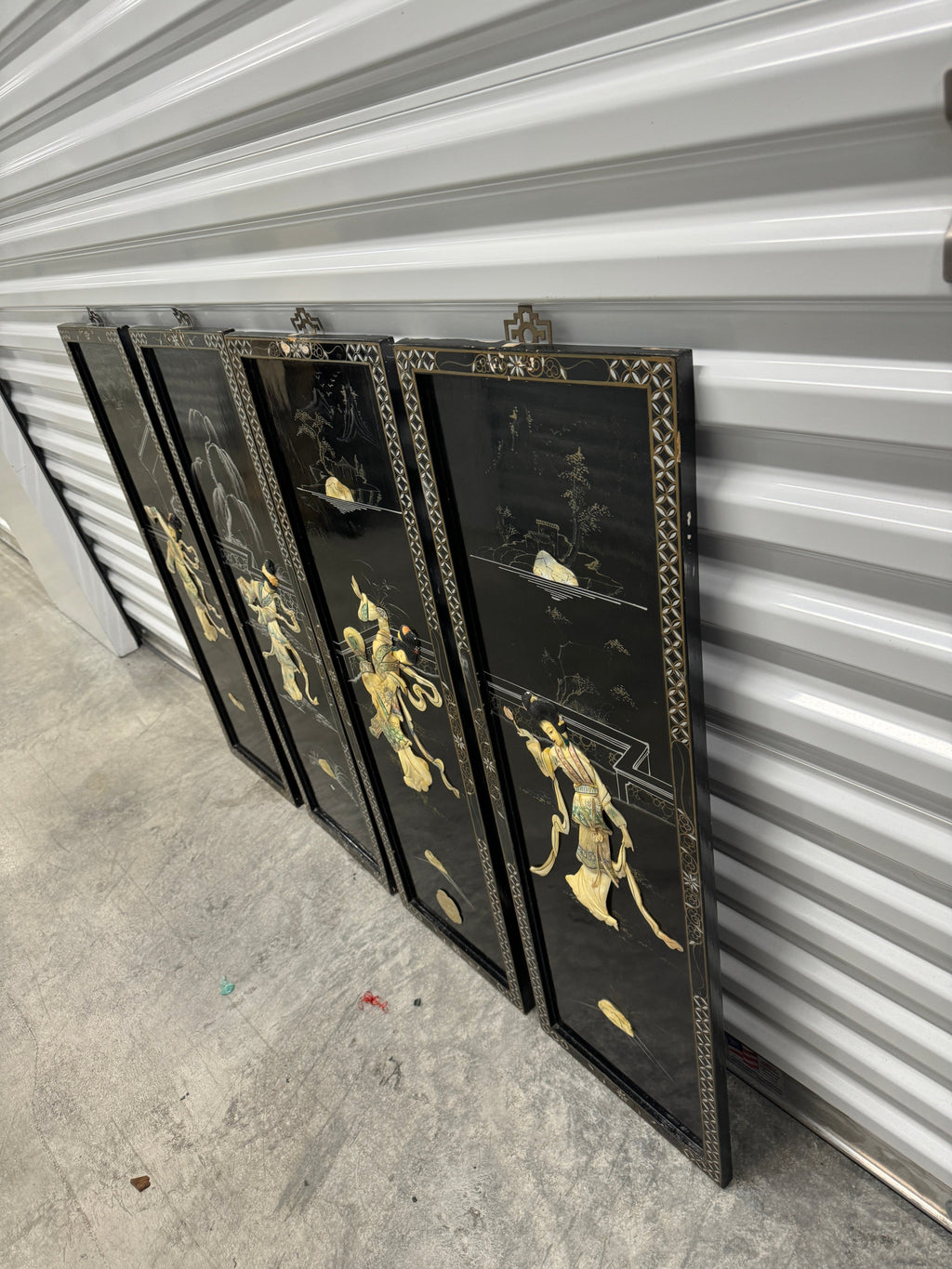 Vintage Chinoiserie Geisha Asian Wall Panel Accents with Mother of Pearl Inlays - set of 4