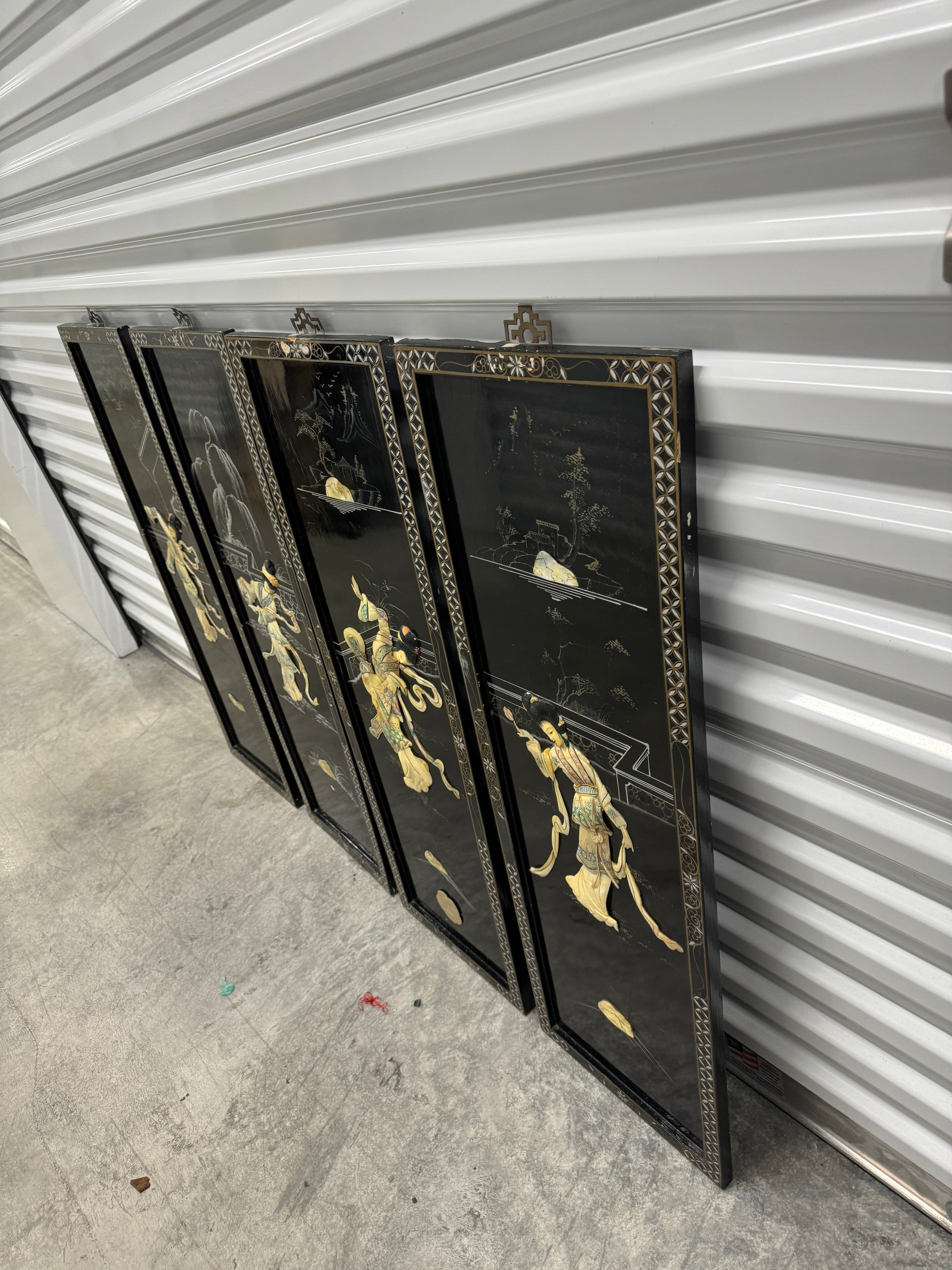 Vintage Chinoiserie Geisha Asian Wall Panel Accents with Mother of Pearl Inlays - set of 4
