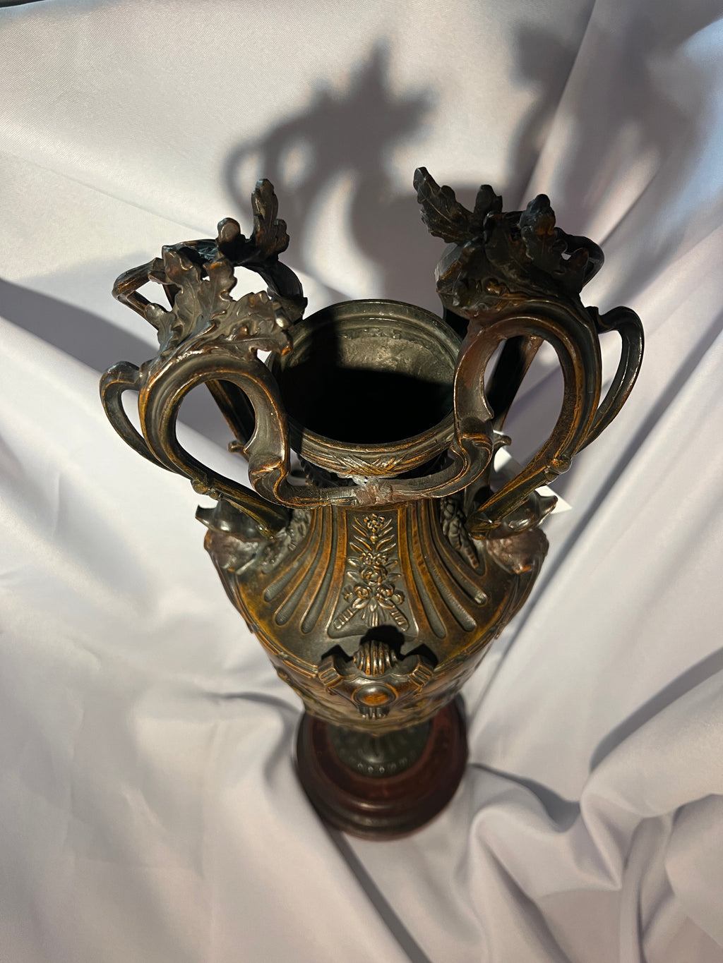 Antique Dark Brass Urn with Wood Base