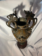 Antique Dark Brass Urn with Wood Base