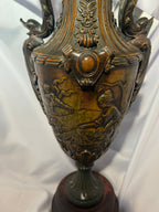 Antique Dark Brass Urn with Wood Base
