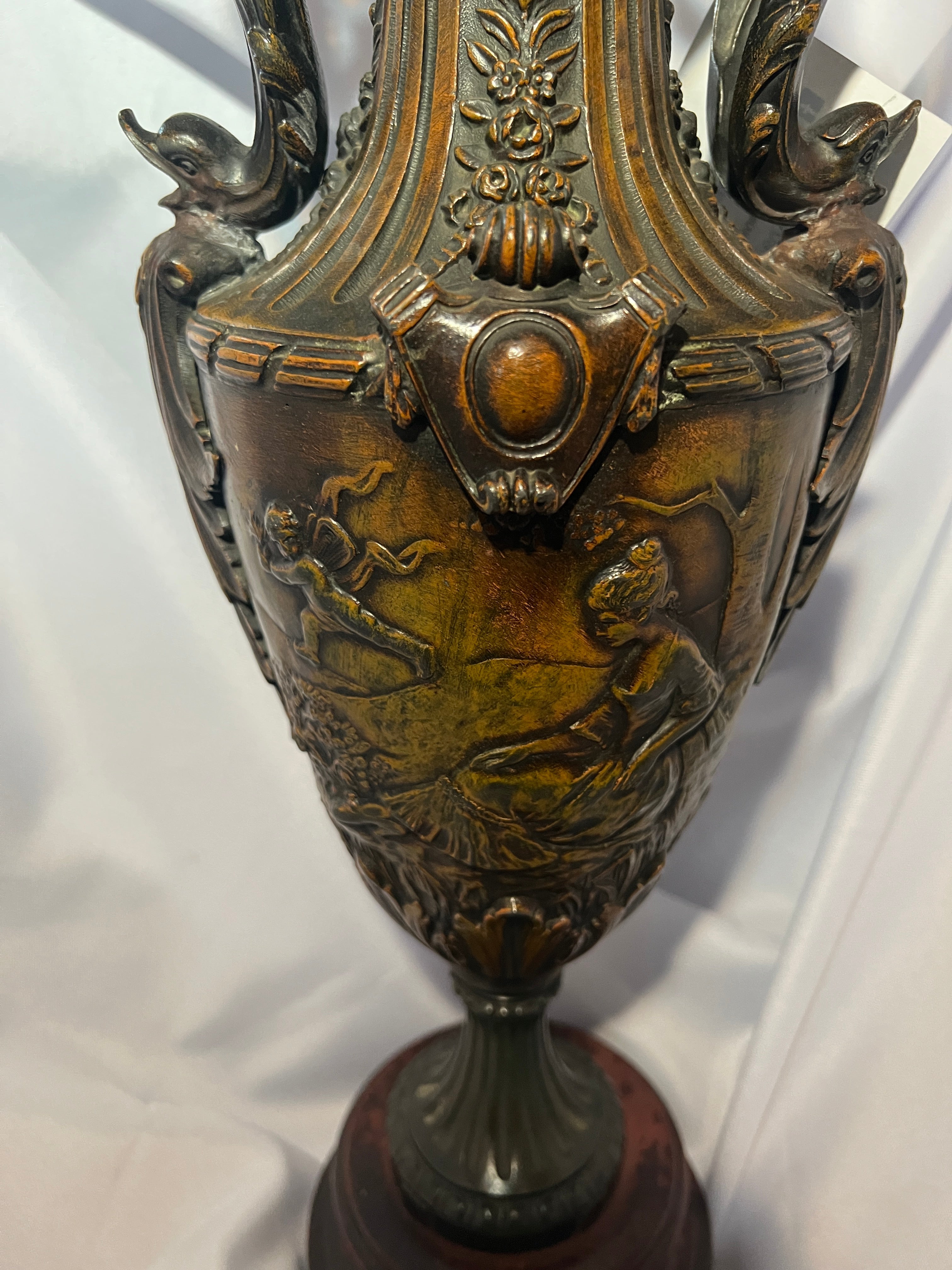 Antique Dark Brass Urn with Wood Base