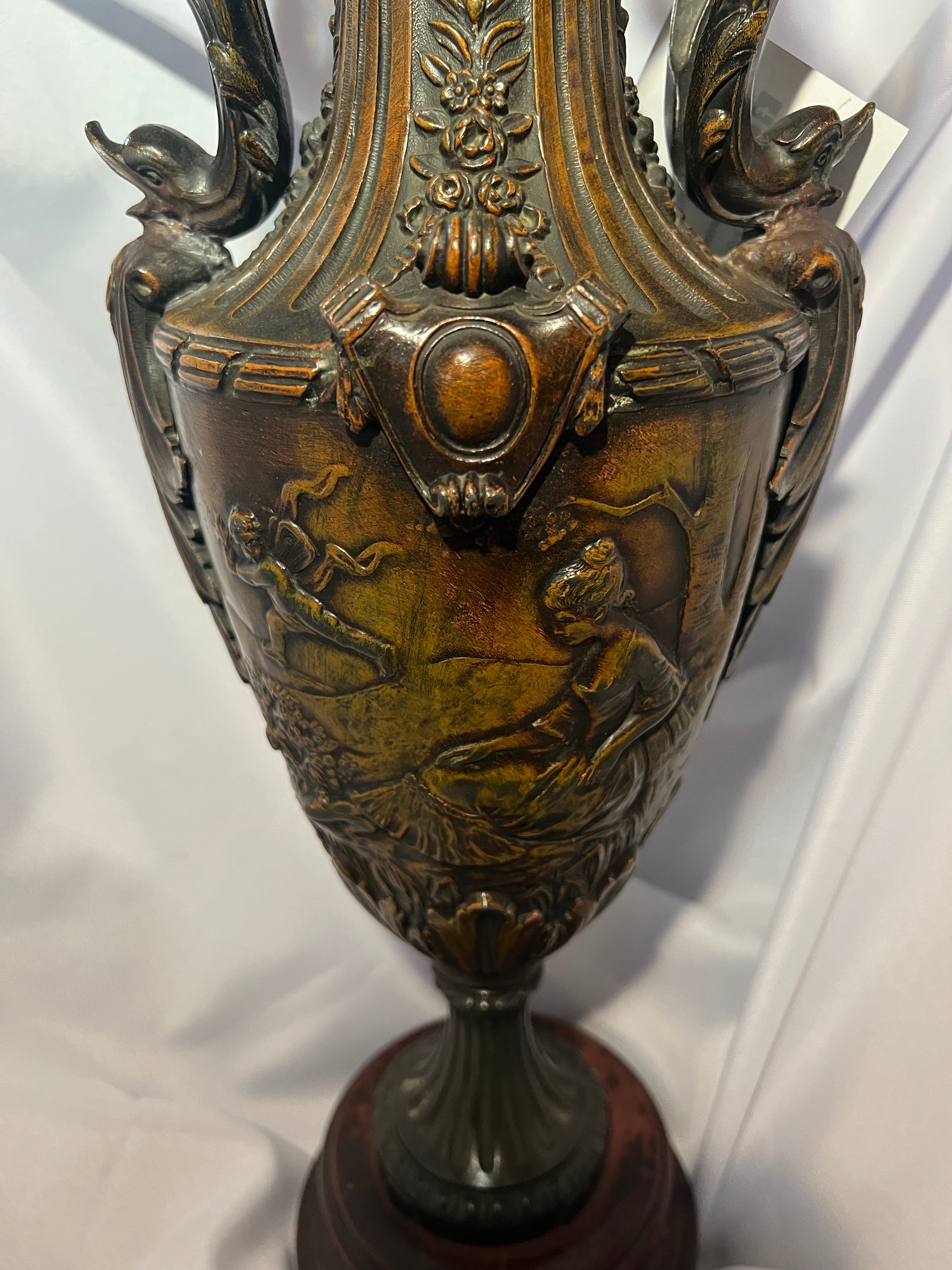 Antique Dark Brass Urn with Wood Base