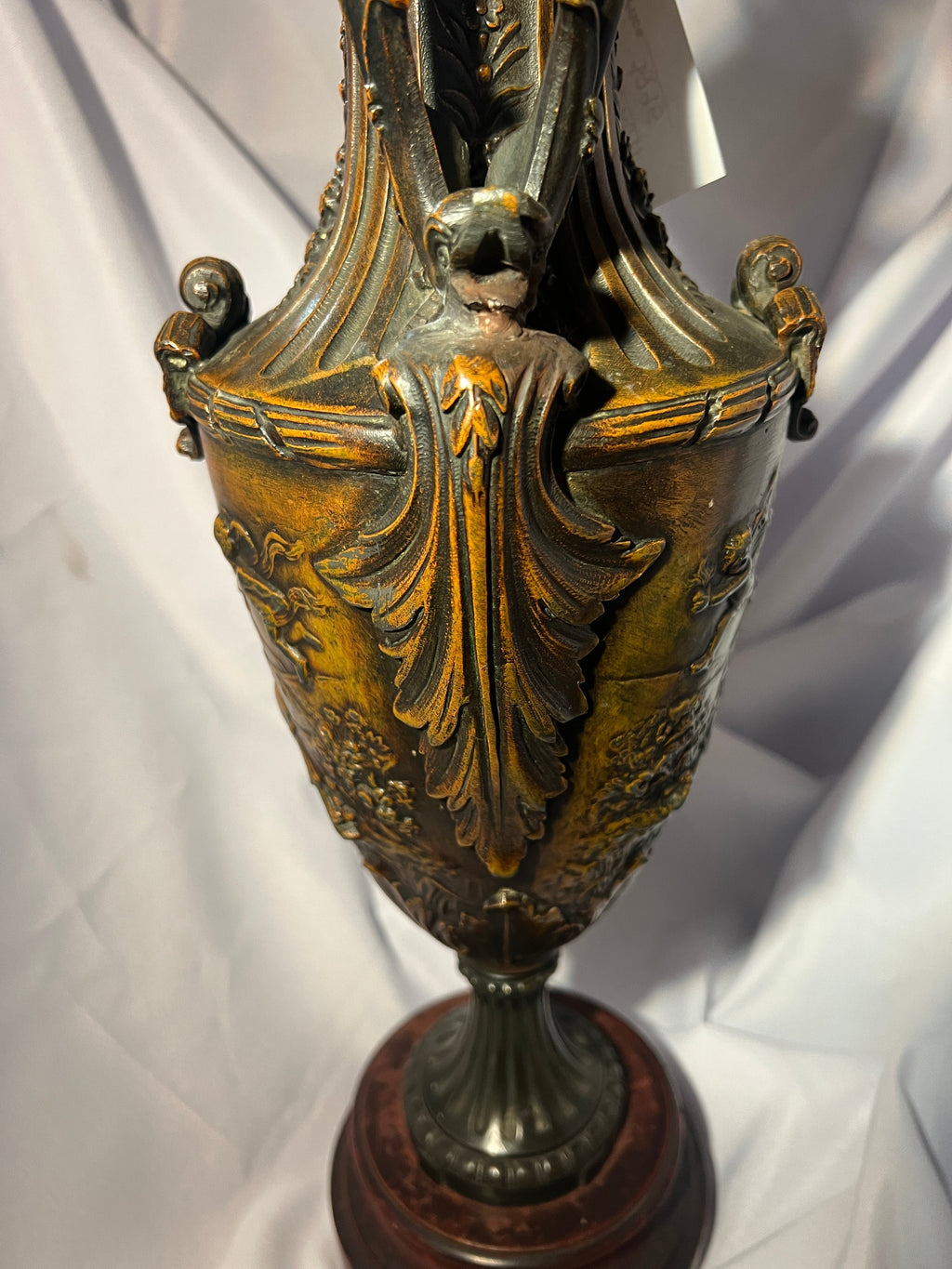 Antique Dark Brass Urn with Wood Base