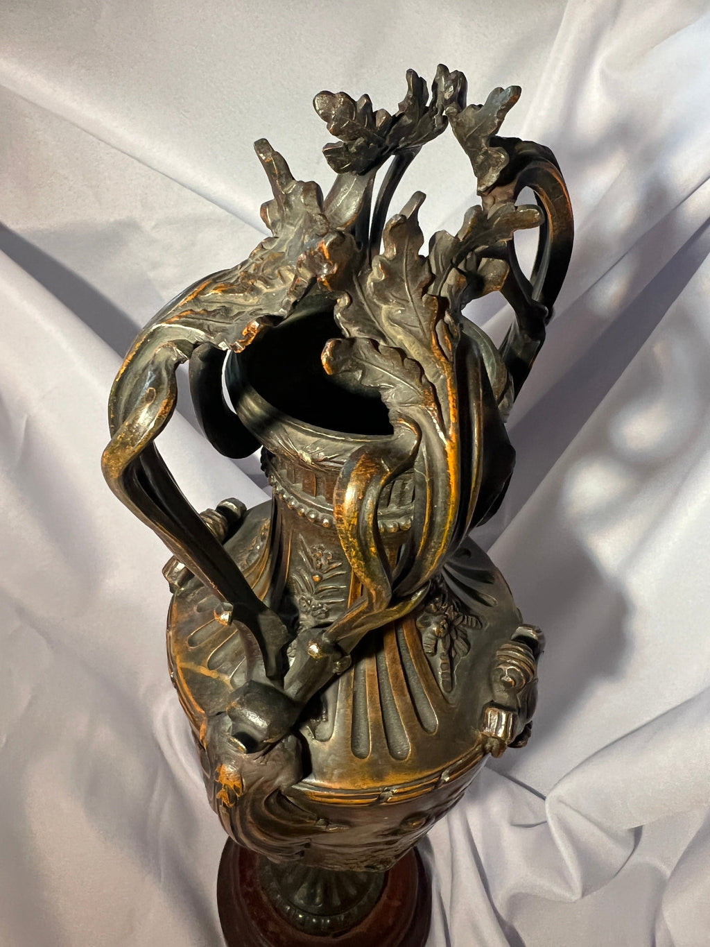 Antique Dark Brass Urn with Wood Base