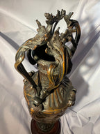 Antique Dark Brass Urn with Wood Base