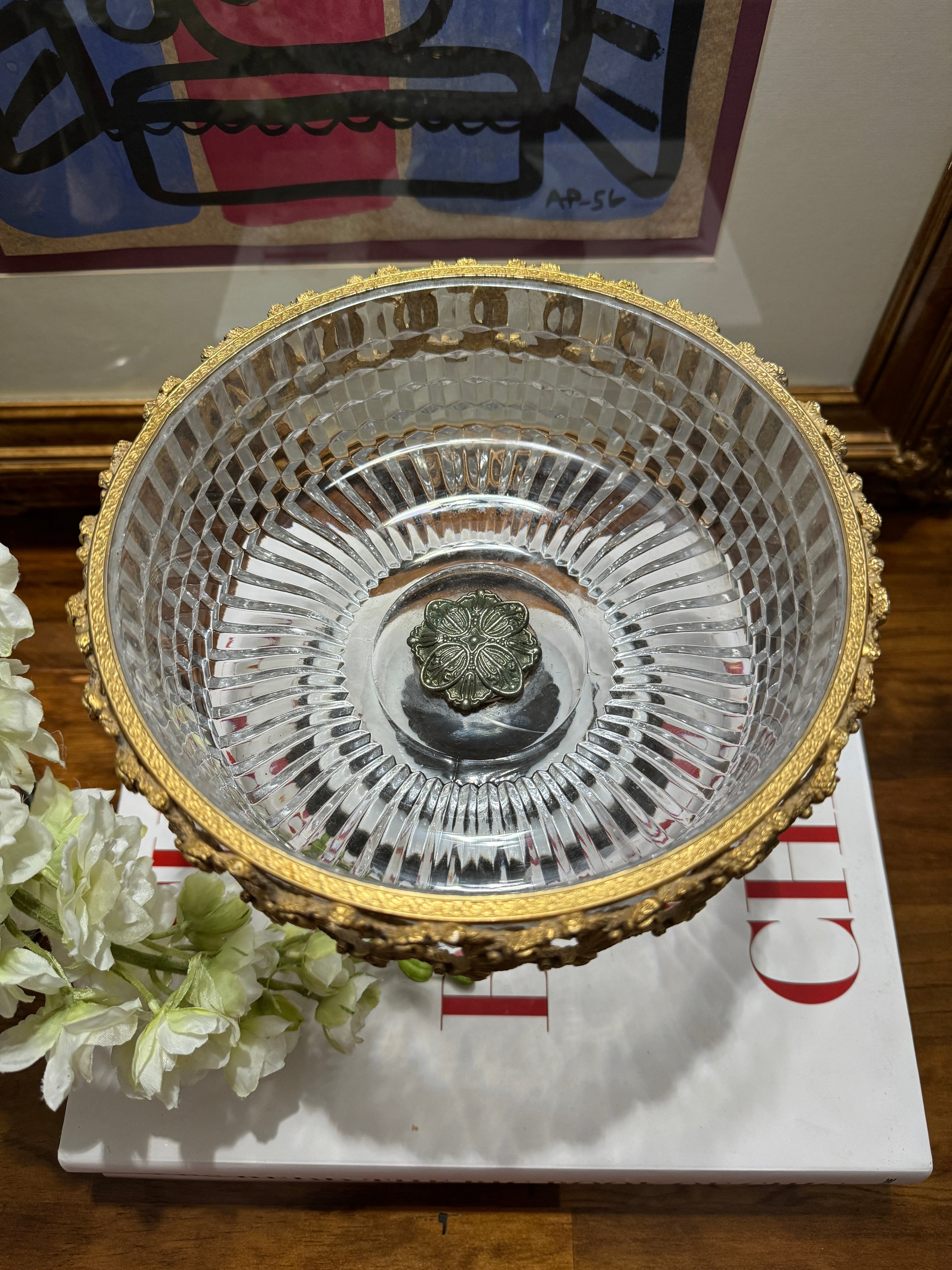 Vintage Italian Centerpiece, Fruit Bowl, Compote with Cut Glass, Marble and Gilt Metal Base