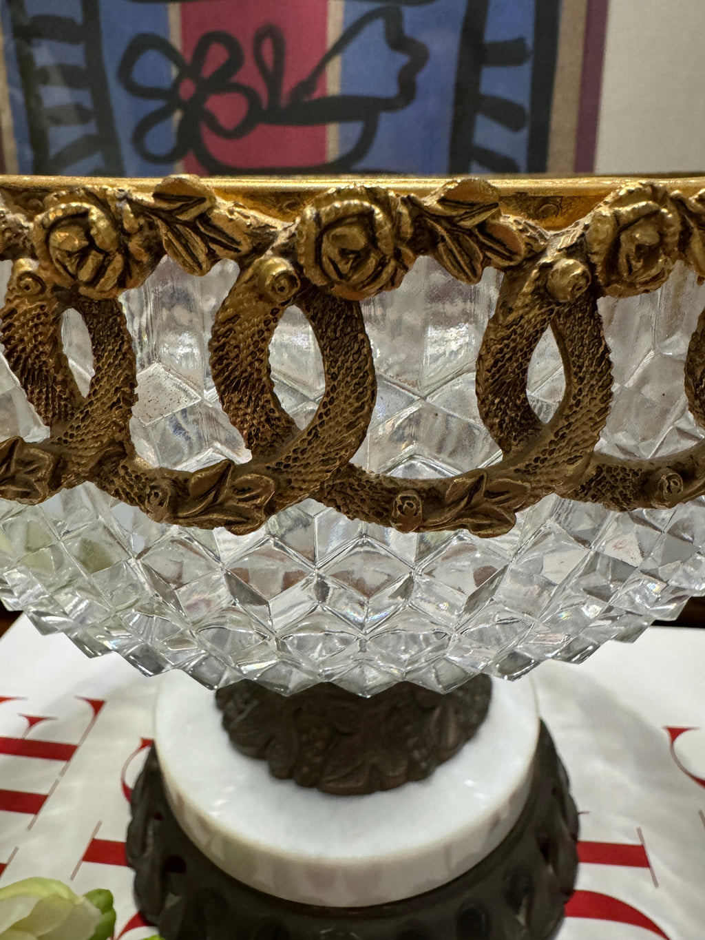 Vintage Italian Centerpiece, Fruit Bowl, Compote with Cut Glass, Marble and Gilt Metal Base