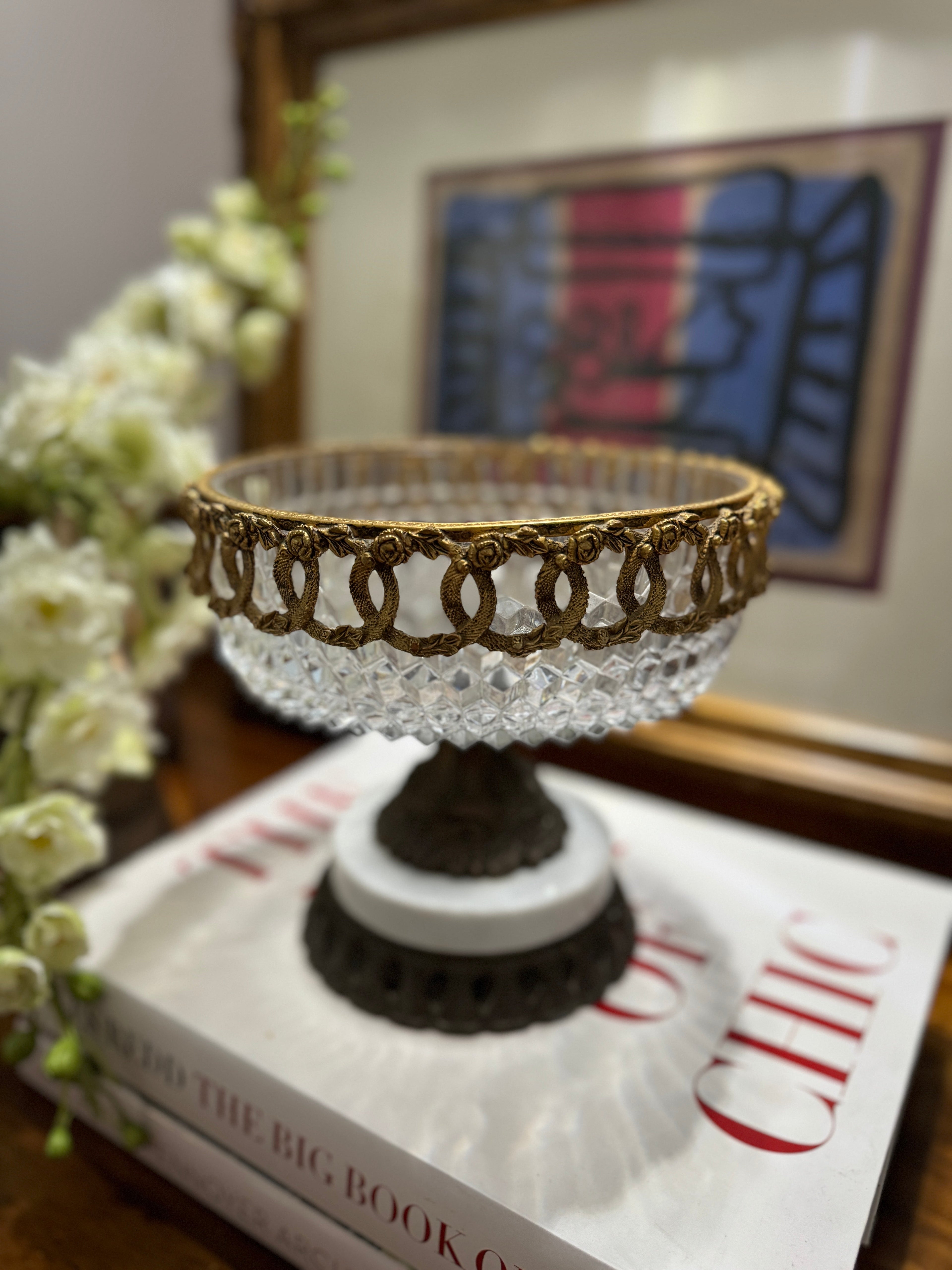 Vintage Italian Centerpiece, Fruit Bowl, Compote with Cut Glass, Marble and Gilt Metal Base