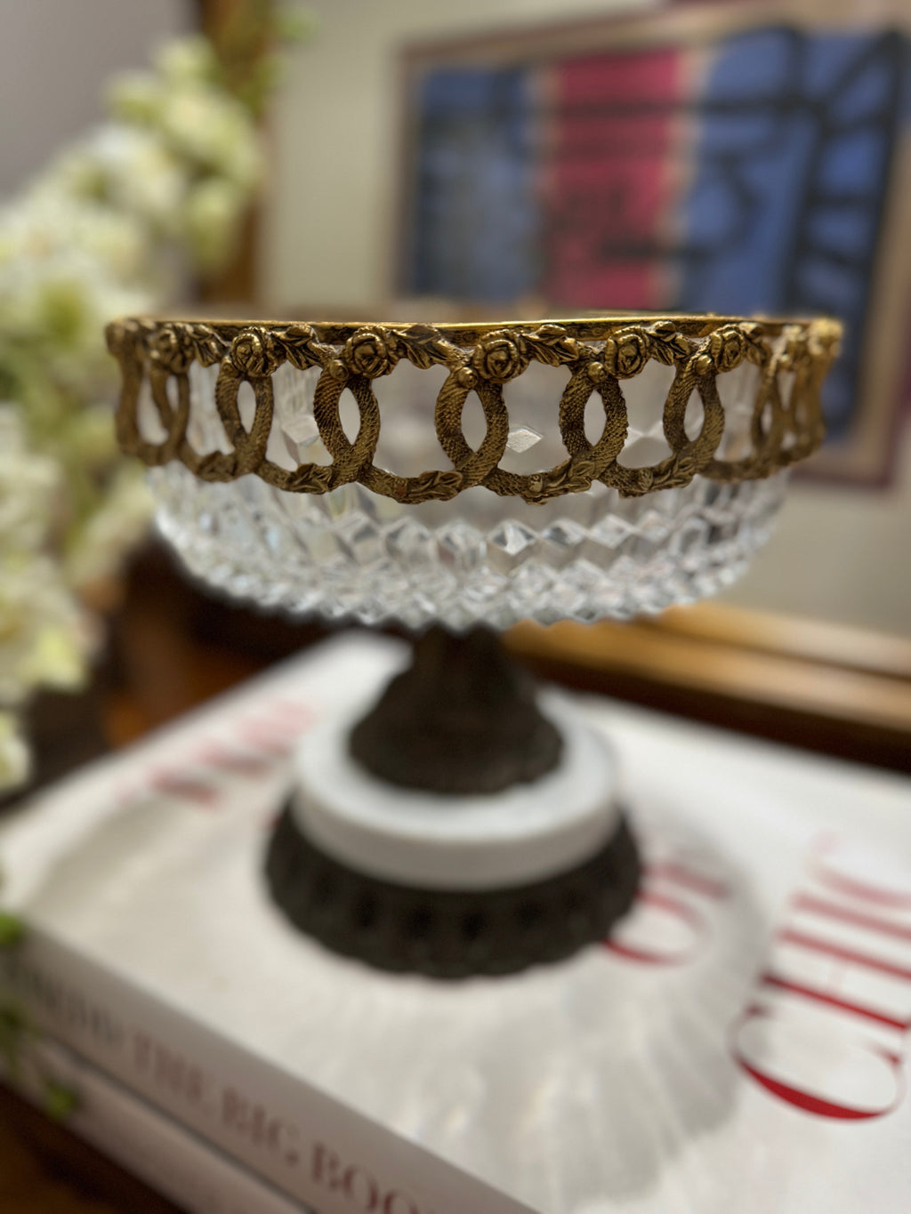 Vintage Italian Centerpiece, Fruit Bowl, Compote with Cut Glass, Marble and Gilt Metal Base