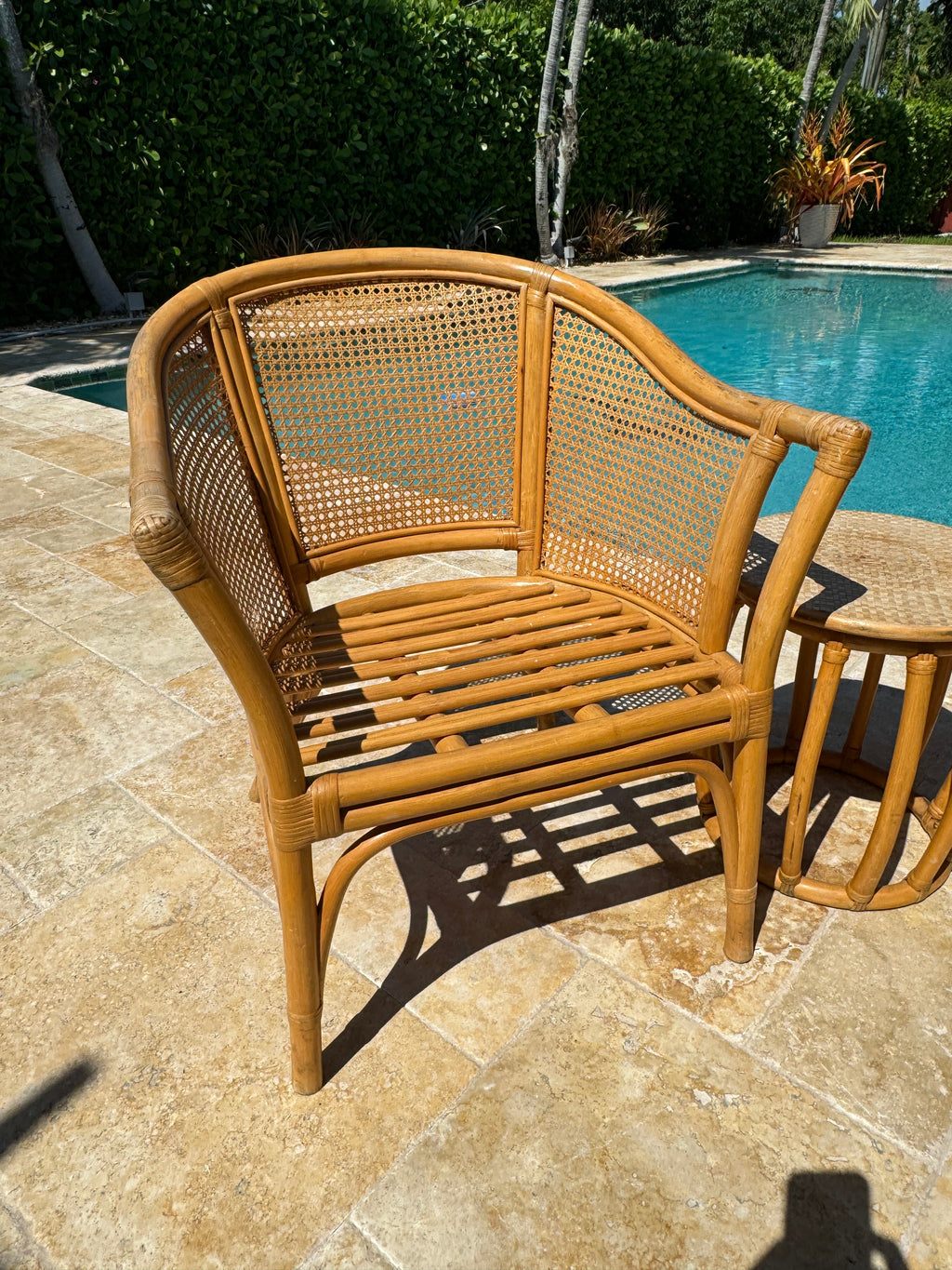 Vintage McGuire Style Rattan Cane Barrel Armchairs and Side Table
