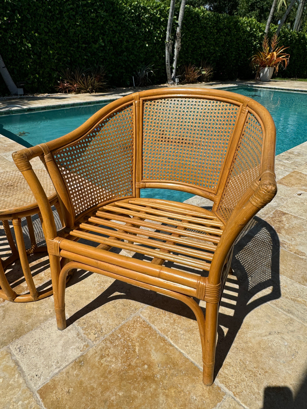Vintage McGuire Style Rattan Cane Barrel Armchairs and Side Table