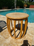 Vintage McGuire Style Rattan Cane Barrel Armchairs and Side Table