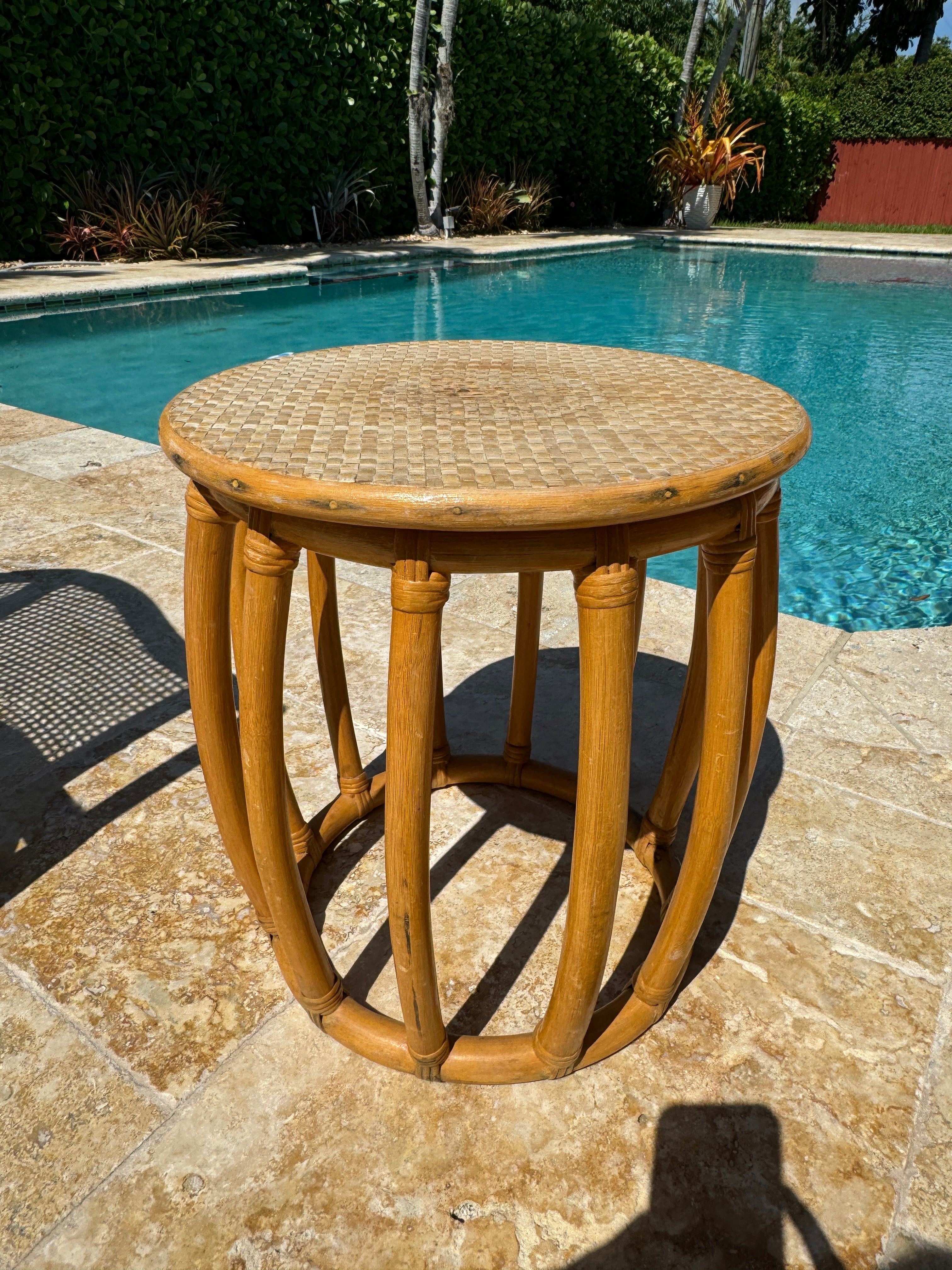 Vintage McGuire Style Rattan Cane Barrel Armchairs and Side Table