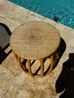 Vintage McGuire Style Rattan Cane Barrel Armchairs and Side Table