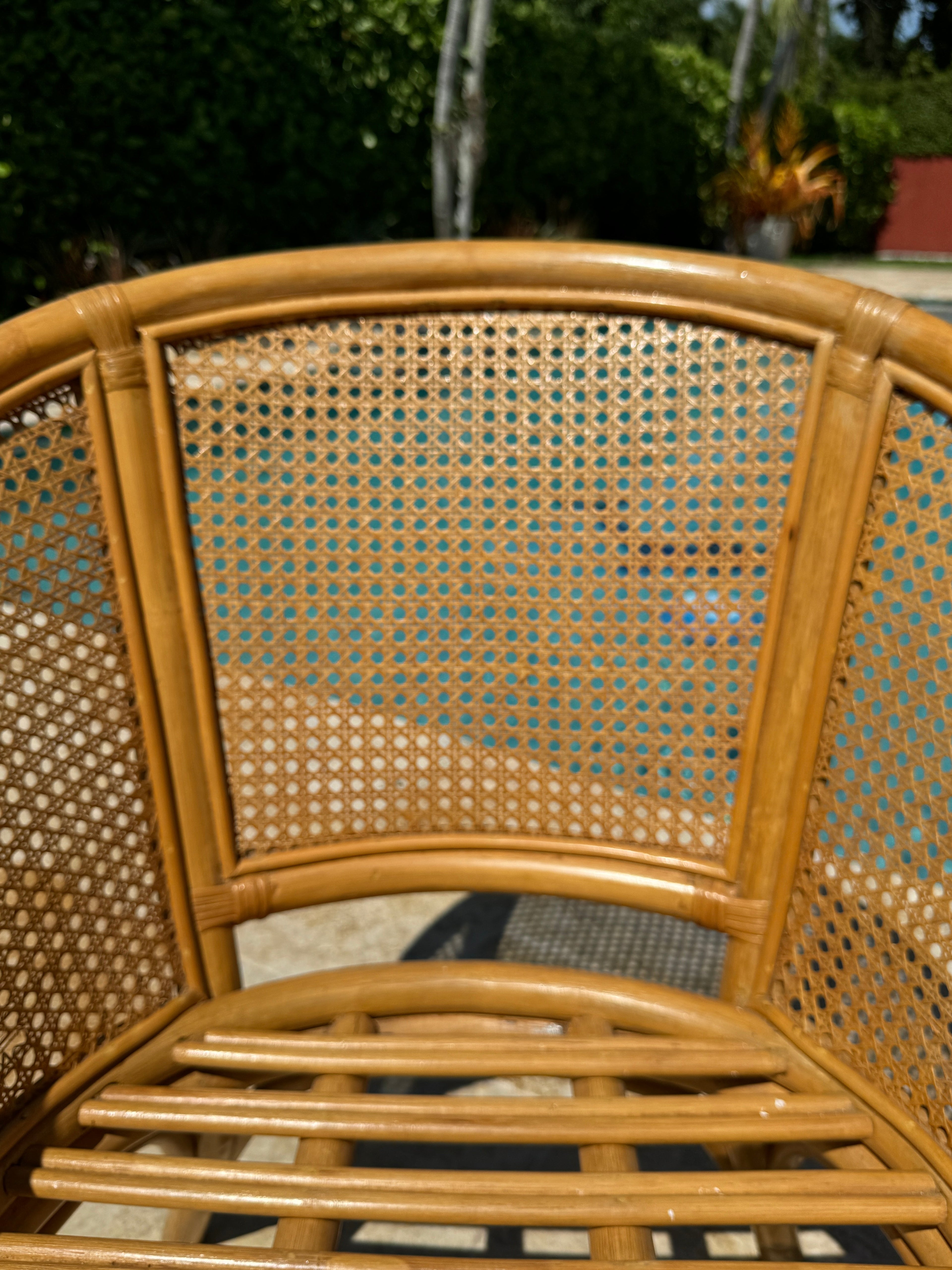 Vintage McGuire Style Rattan Cane Barrel Armchairs and Side Table