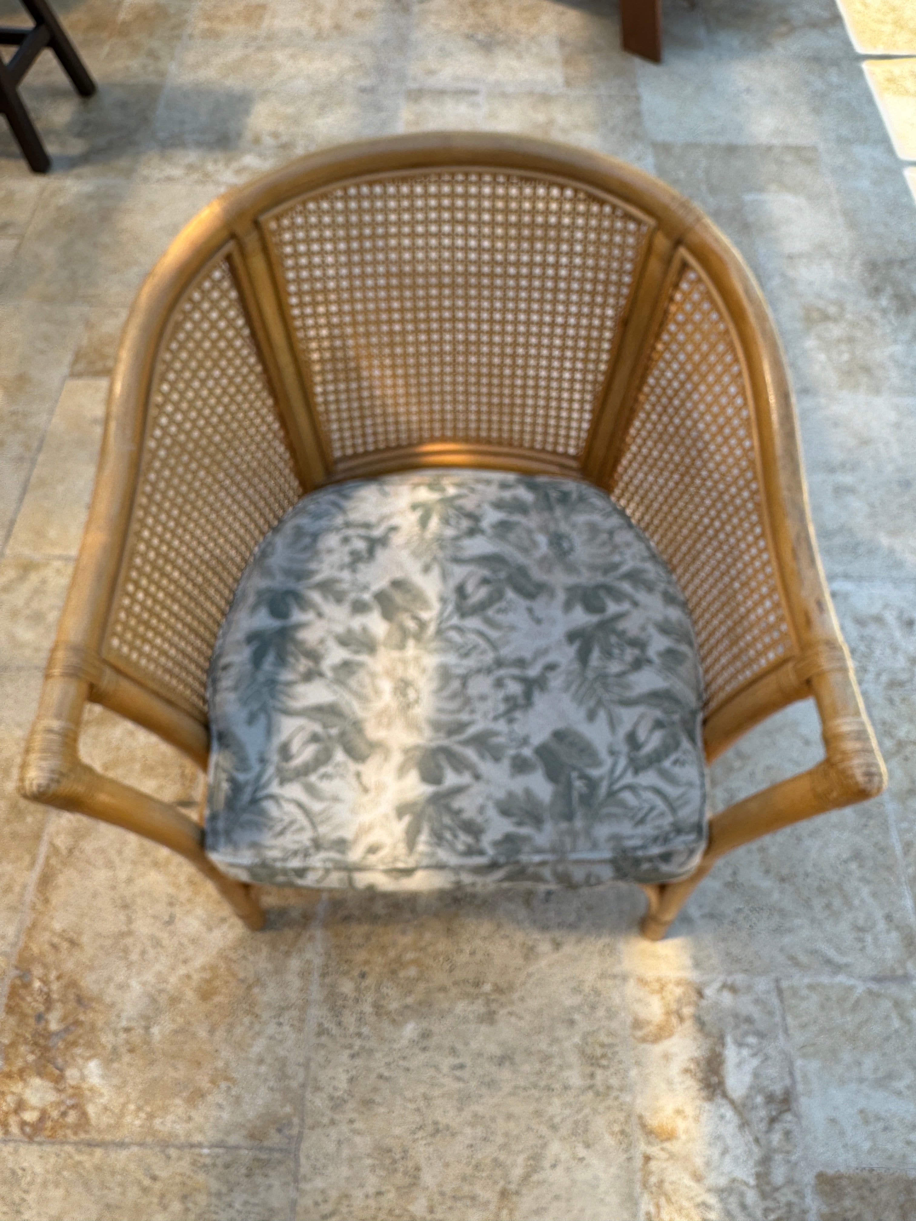 Vintage McGuire Style Rattan Cane Barrel Armchairs and Side Table