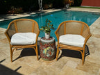 Vintage McGuire Style Rattan Cane Barrel Armchairs and Side Table